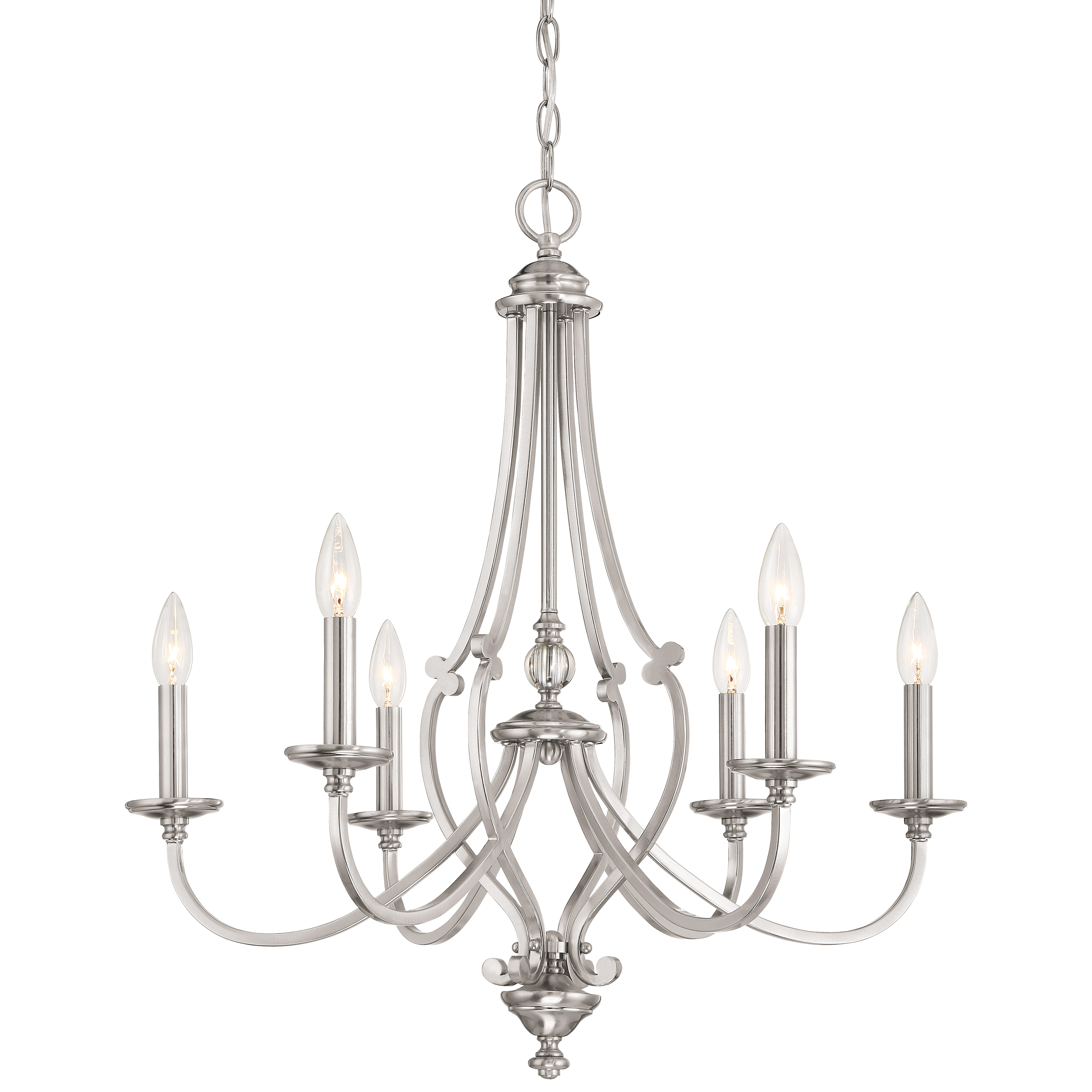 The Savannah Row chandelier blends traditional candelabra elegance with contemporary brushed nickel finish. Six lights provide ample illumination while glass shades soften the glow. Perfect for dining rooms and entryways.