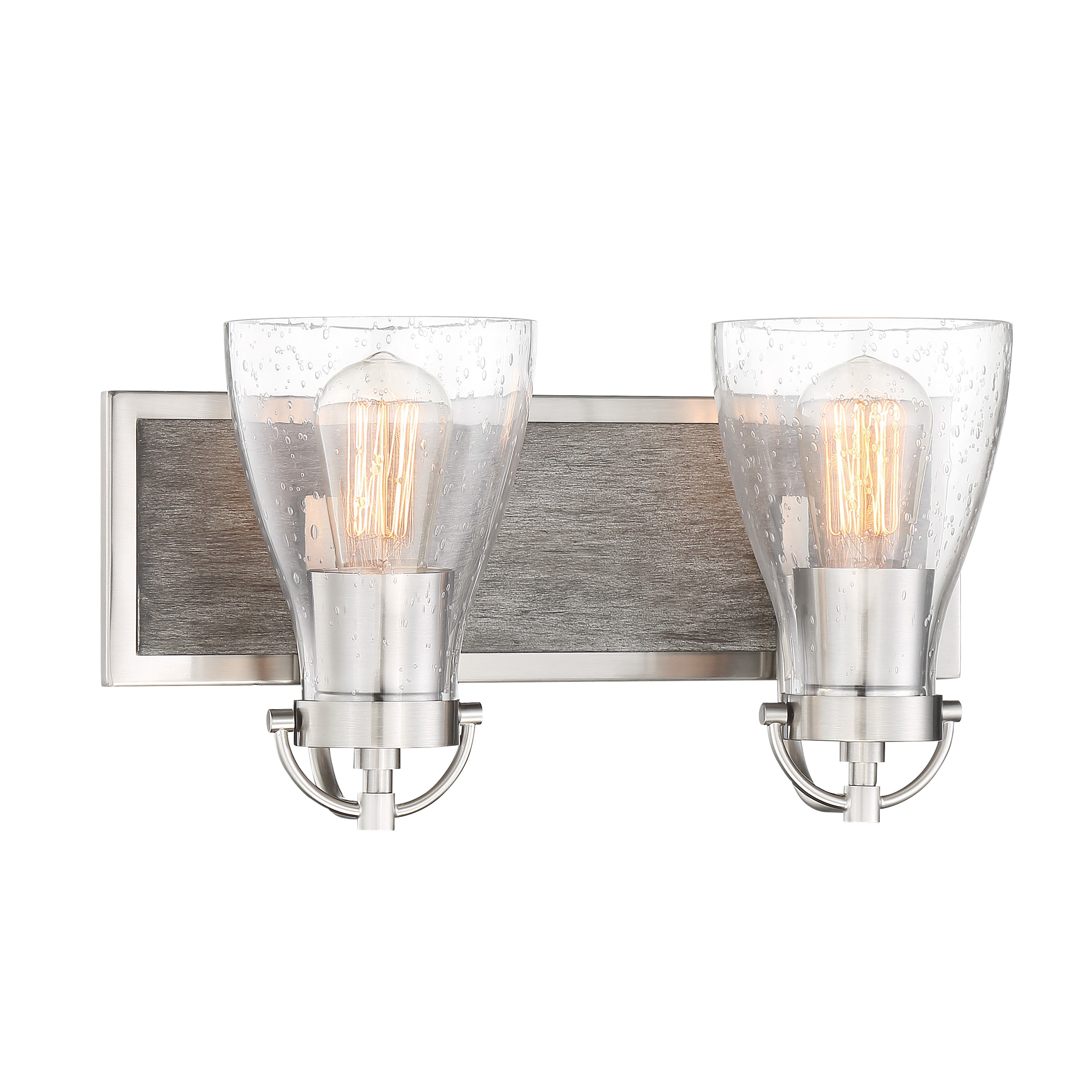 The Garrison 2-Light Bath combines brushed nickel with natural shale wood accents for a contemporary look. Seeded glass shades add texture while the dimmable feature allows customizable lighting for any bathroom routine.