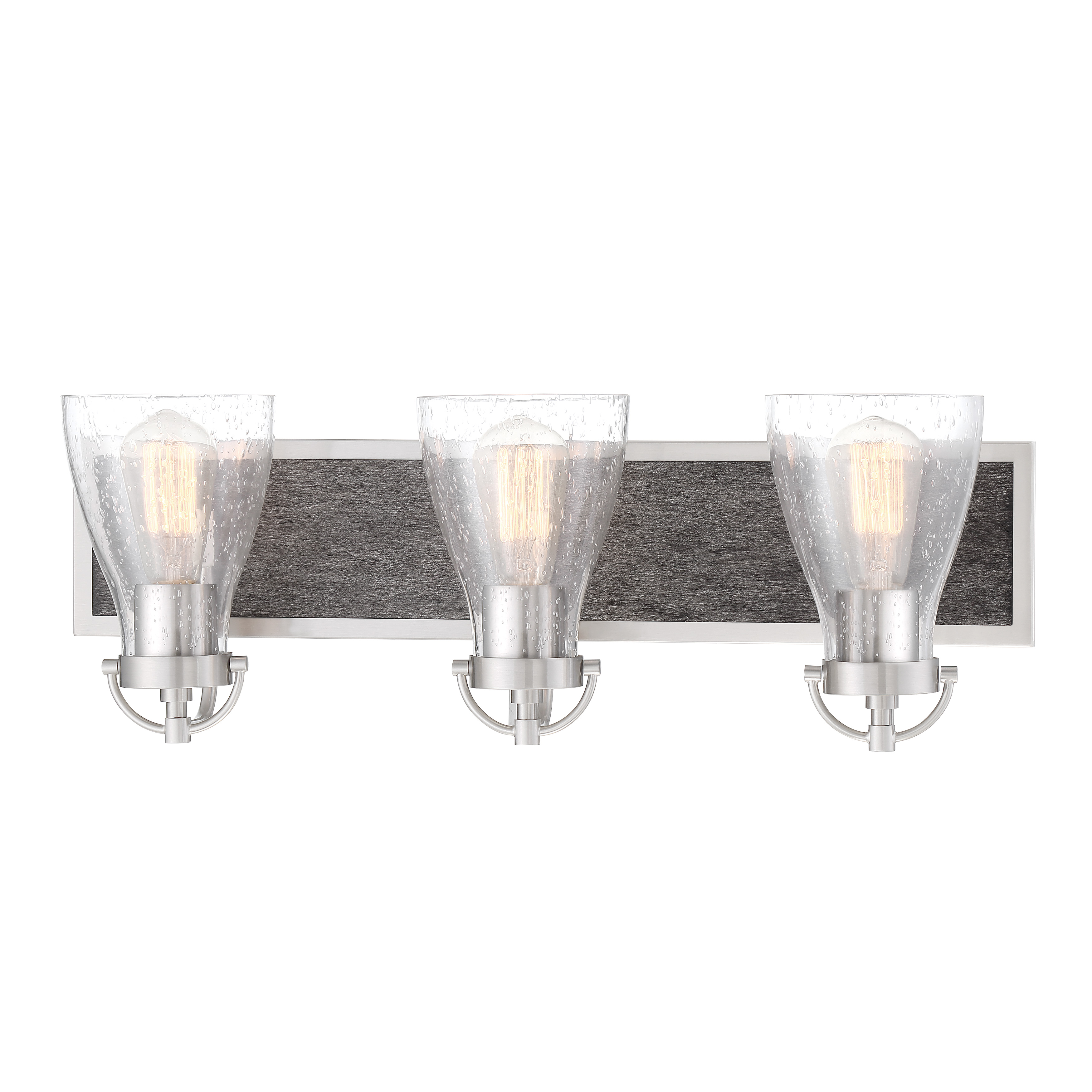 The Garrison 3-Light Bath combines brushed nickel with natural shale wood accents and seeded glass shades for a sophisticated modern-industrial aesthetic. Perfect for medium-sized bathrooms seeking character and ample illumination.