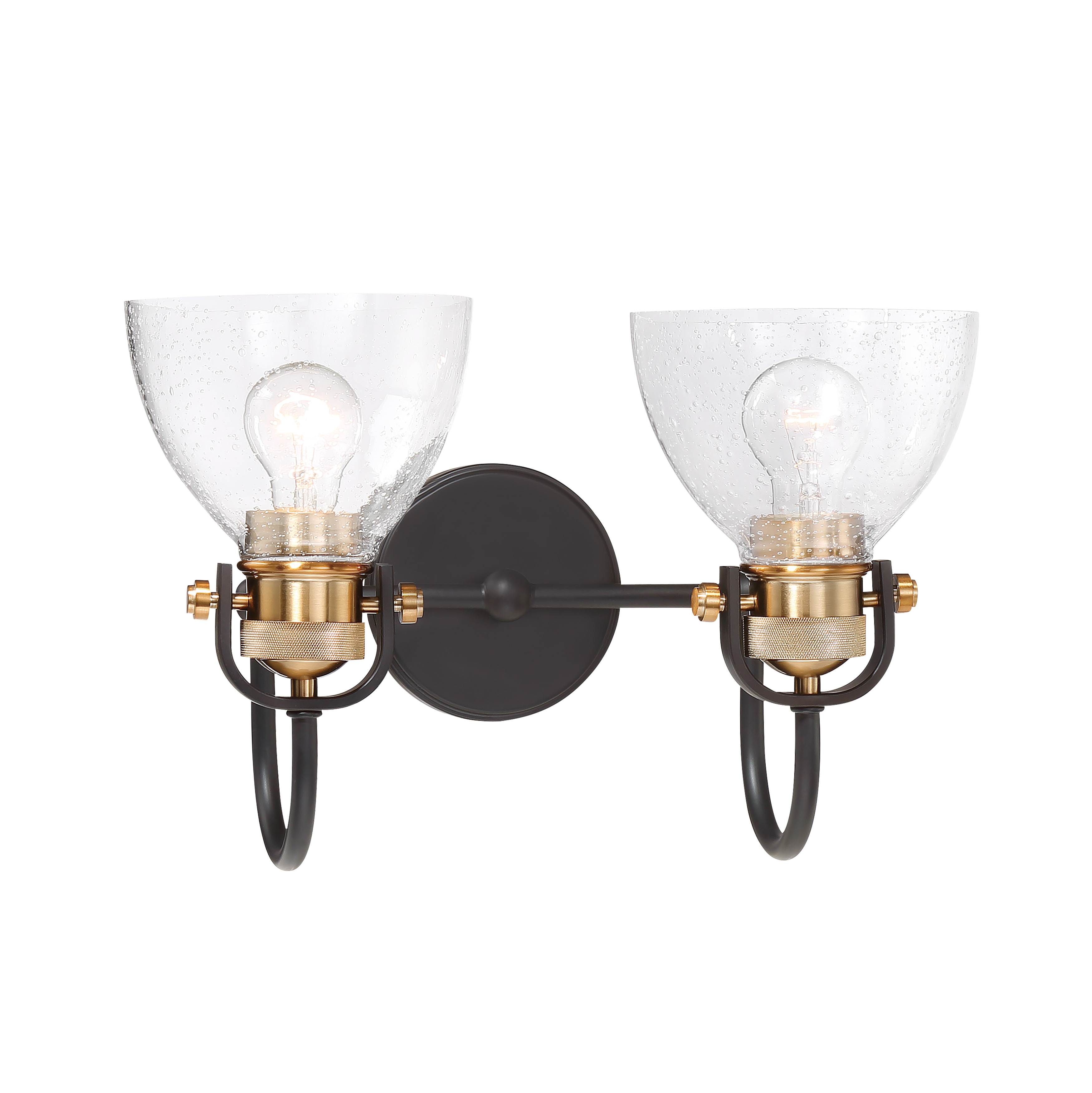 The Monico 2-Light Bath fixture blends bronze and brass finishes with clear seeded glass for timeless appeal. Its compact 16.25" width suits standard vanities while dimmable functionality offers lighting flexibility.