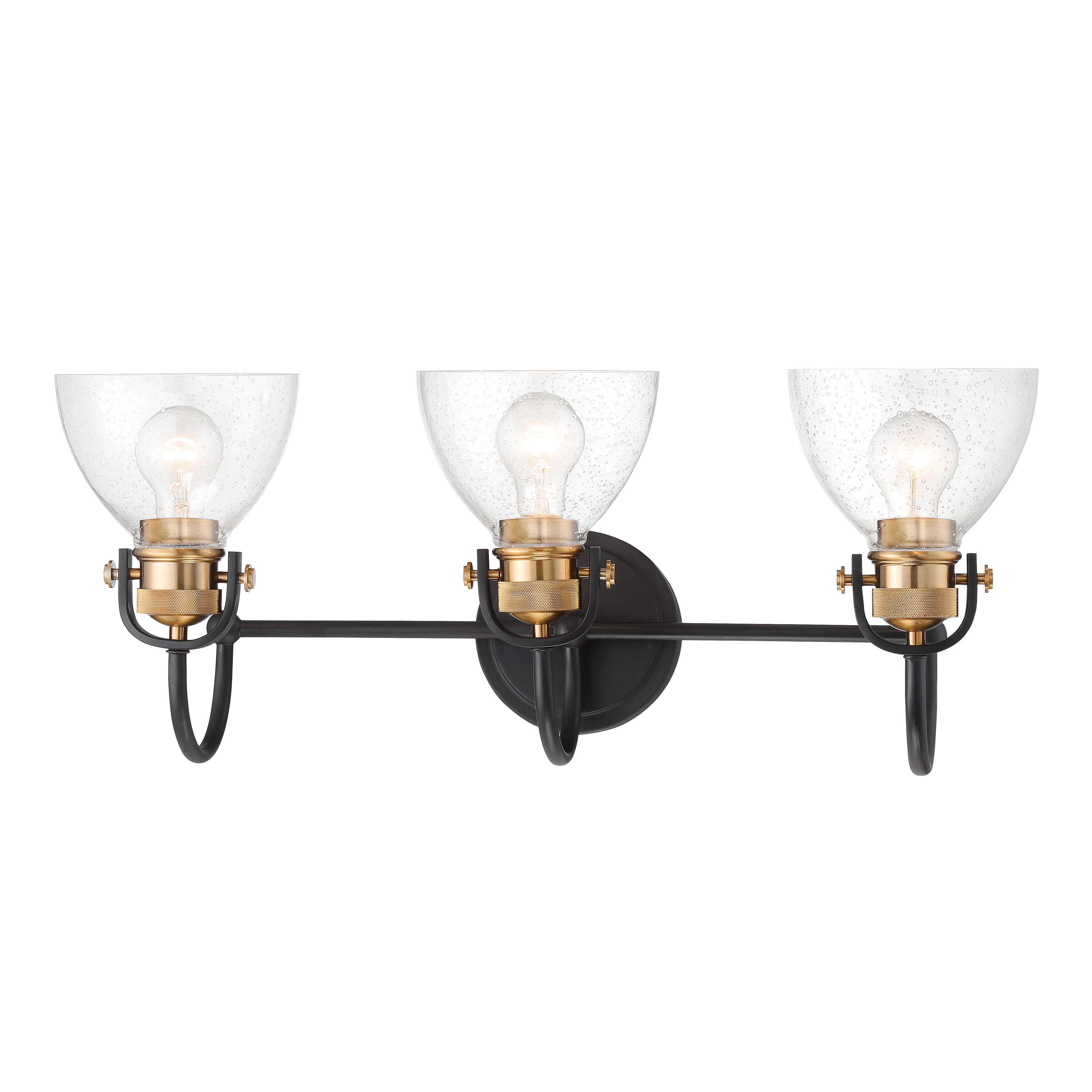 The Monico 3-Light Bath fixture combines bronze and brass finishes with clear seeded glass for timeless appeal. Its 26-inch width provides excellent illumination for medium to large vanities while the dimmable feature offers lighting flexibility.