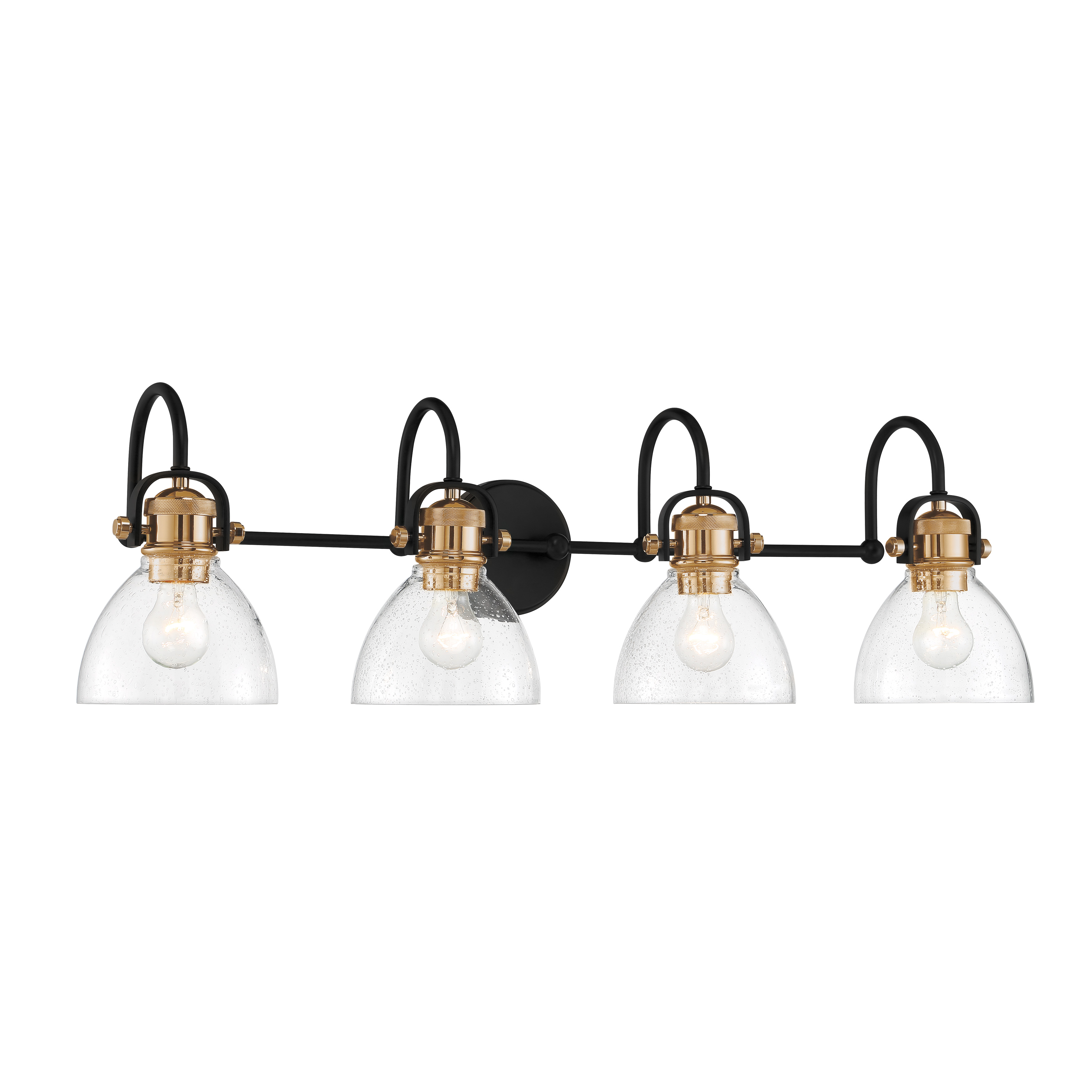 The Monico 4-Light Bath combines traditional elegance with practical illumination. Its 35.75-inch width provides ample lighting for double vanities, while the painted bronze and natural brass finish adds warmth and sophistication.