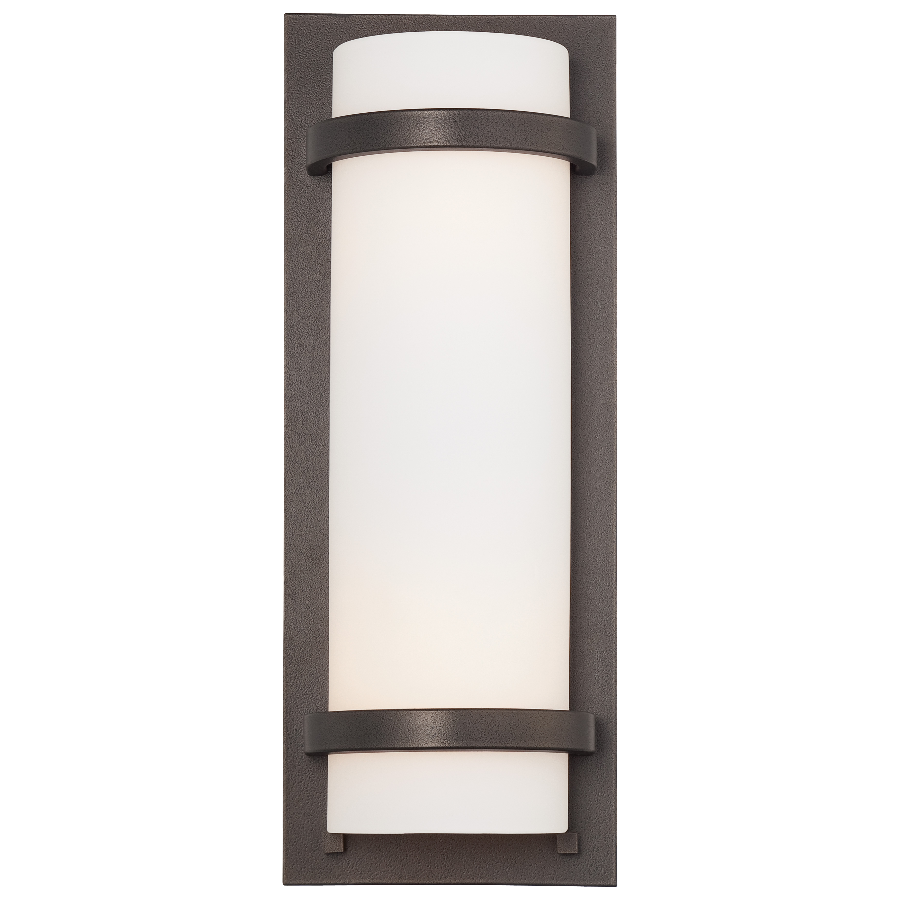 The Fieldale Lodge wall sconce combines transitional styling with practical features. Its smoked iron finish and etched white glass create warm, diffused lighting perfect for hallways and intimate spaces. ADA compliant and dimmable.