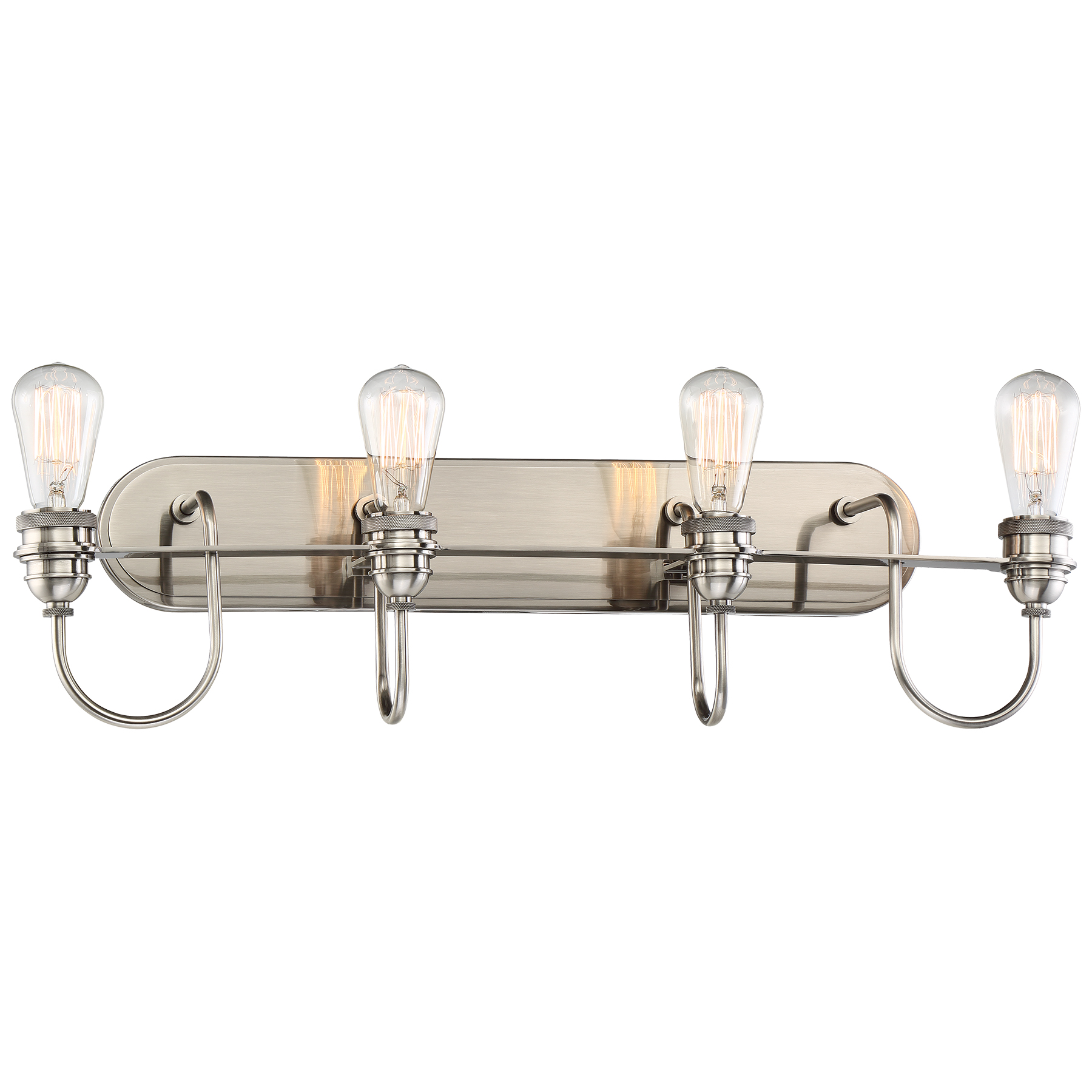 The Uptown Edison 4-Light Bath combines transitional elegance with industrial charm. Its plated pewter finish and exposed Edison bulbs create a sophisticated yet relaxed ambiance perfect for modern bathrooms.