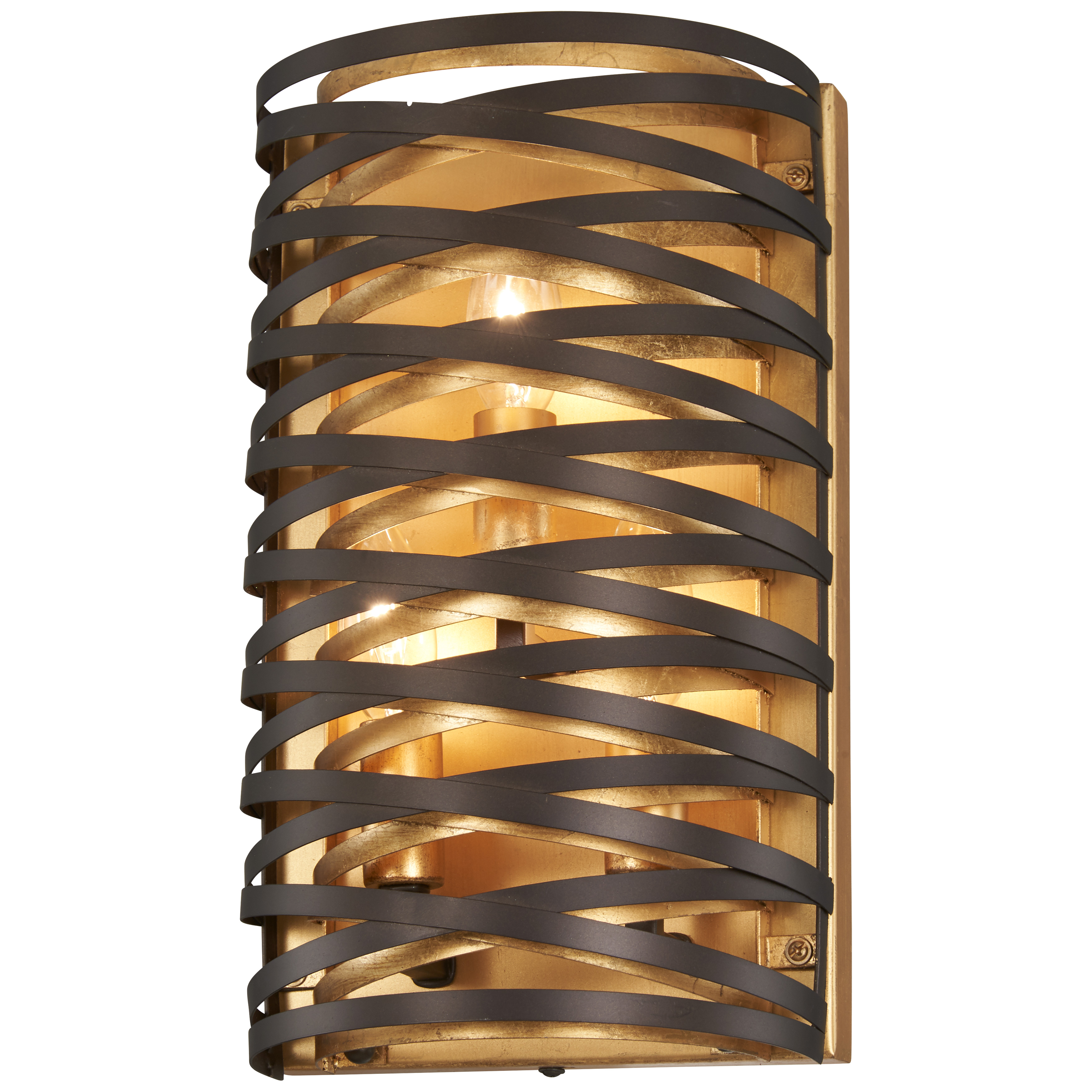 The Vortic Flow wall sconce combines modern sophistication with warm metallic contrast. Its dark bronze exterior paired with mosaic gold interior creates dramatic lighting effects perfect for intimate spaces.