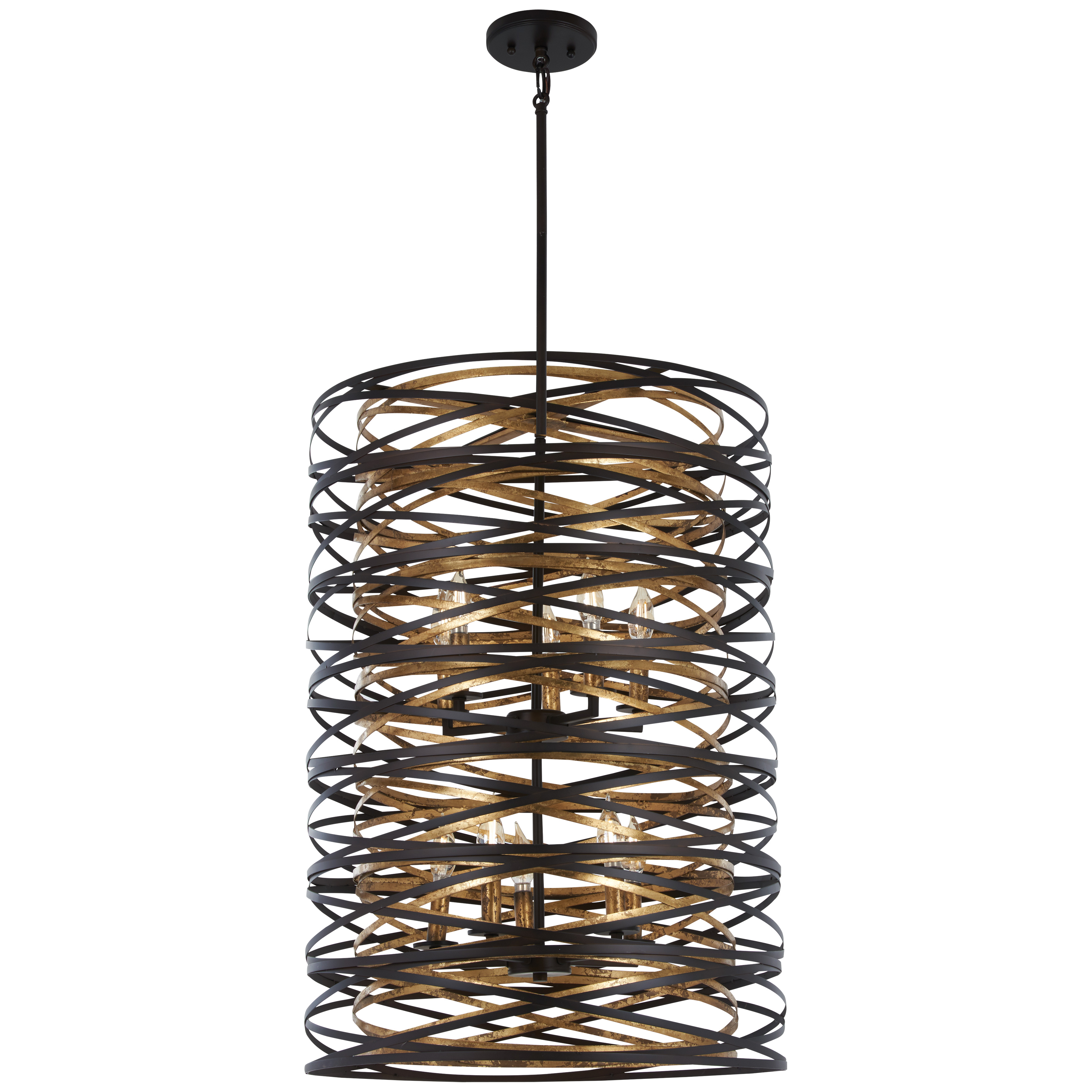 The Vortic Flow pendant combines contemporary design with luxurious metallic contrast. Its dark bronze exterior paired with mosaic gold interior creates stunning visual depth, while 10 candelabra lights provide ample illumination for dining and entertaining spaces.