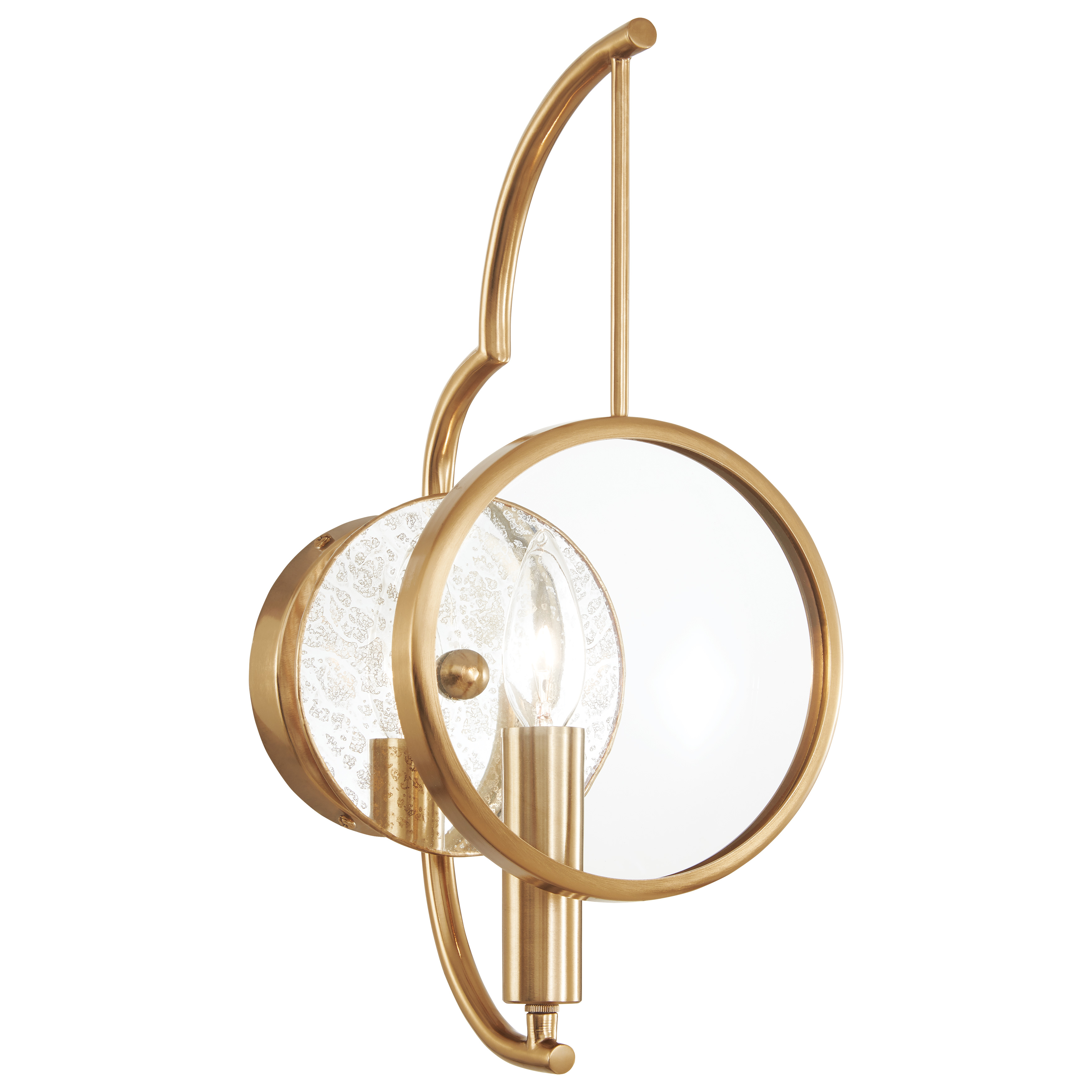 The Into Focus wall sconce combines contemporary clean lines with artisan brass finish and unique antique reflecting glass. At 15" tall, it provides focused illumination perfect for task lighting or ambient accent.