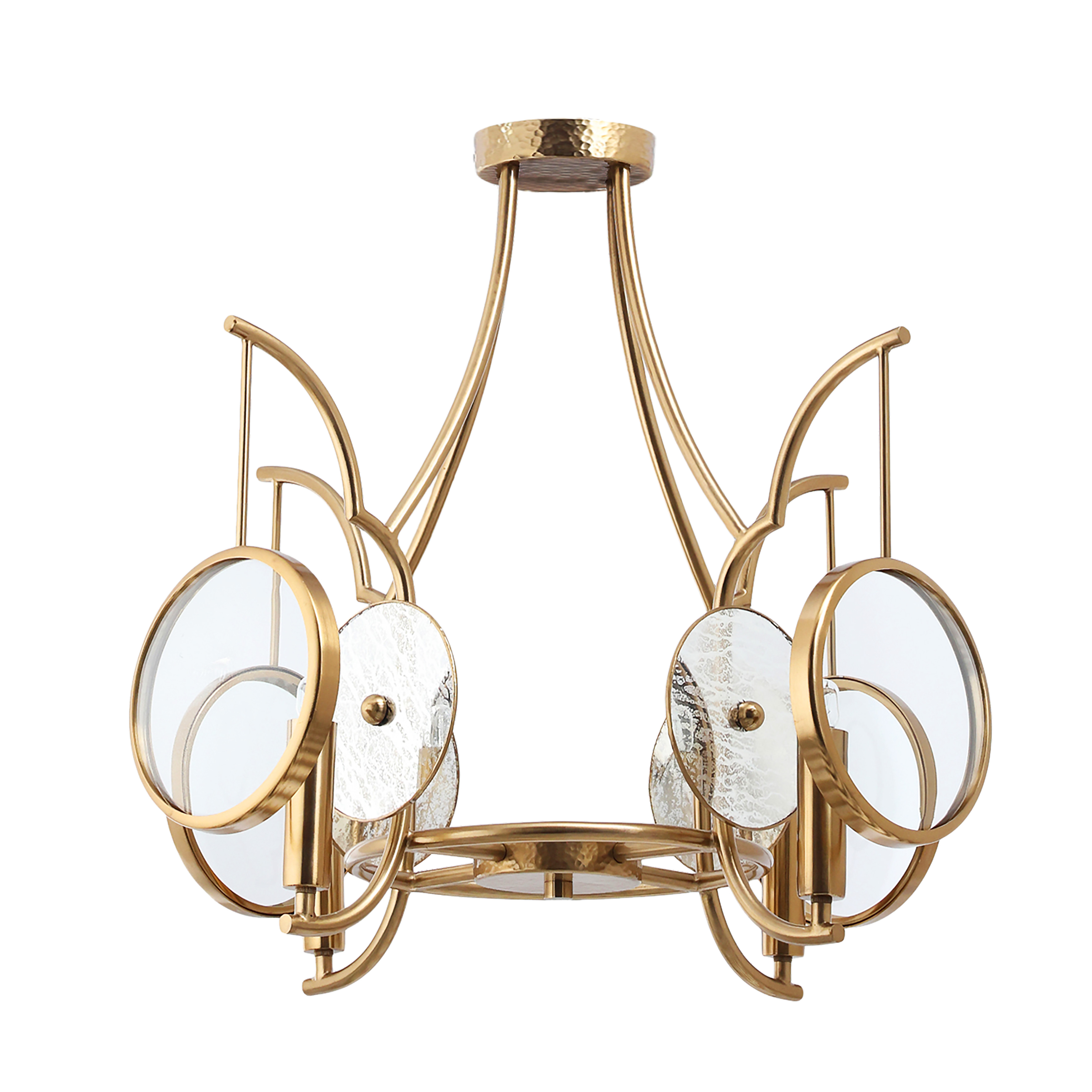 The Into Focus pendant combines contemporary styling with artisan craftsmanship. Four candelabra bulbs shine through clear dome glass accented by antique reflecting glass, creating dimensional lighting effects. The artisan brass finish adds warmth.