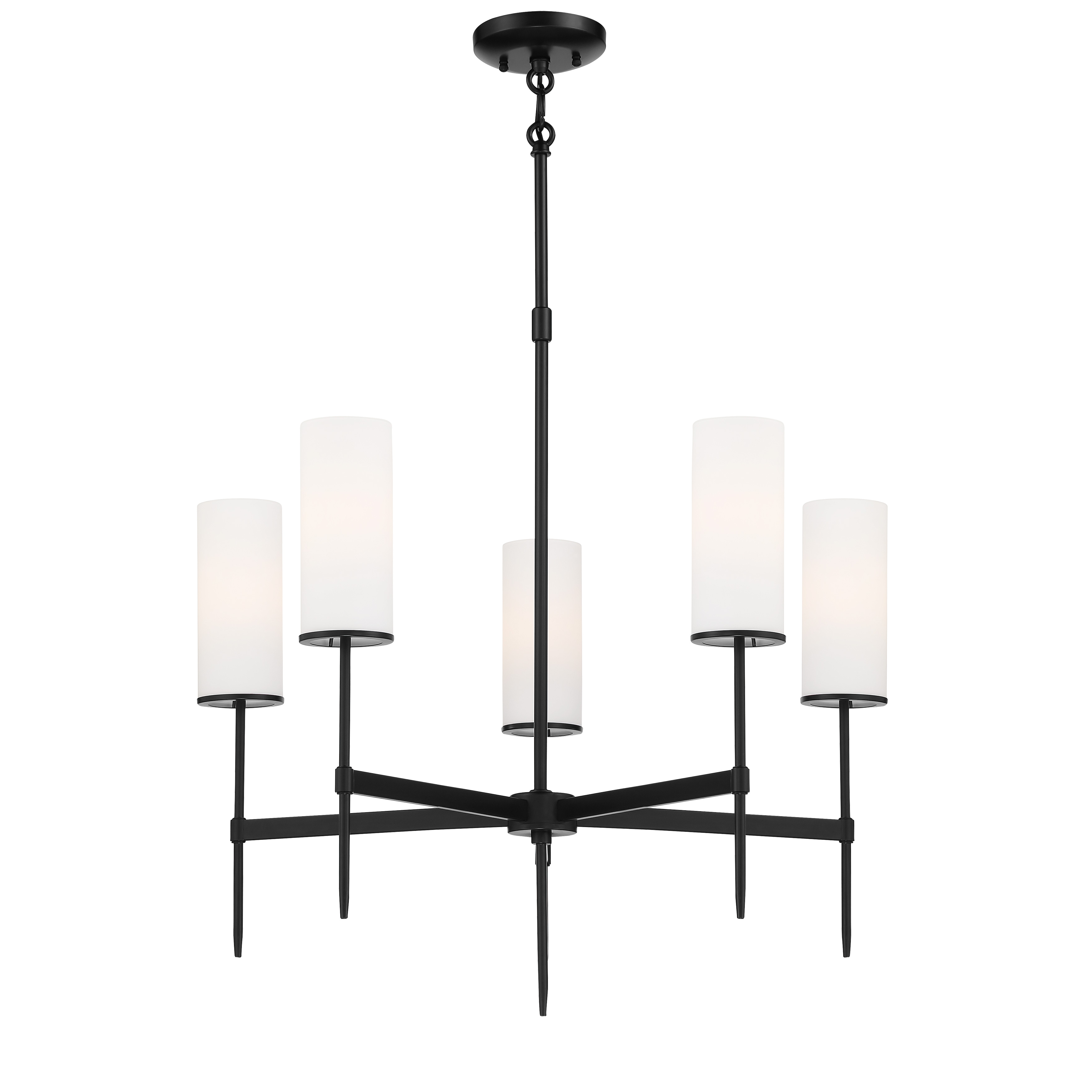 The First Avenue chandelier combines contemporary styling with classic elegance. Its coal black finish and etched white glass shades create sophisticated ambient lighting for medium-sized spaces.