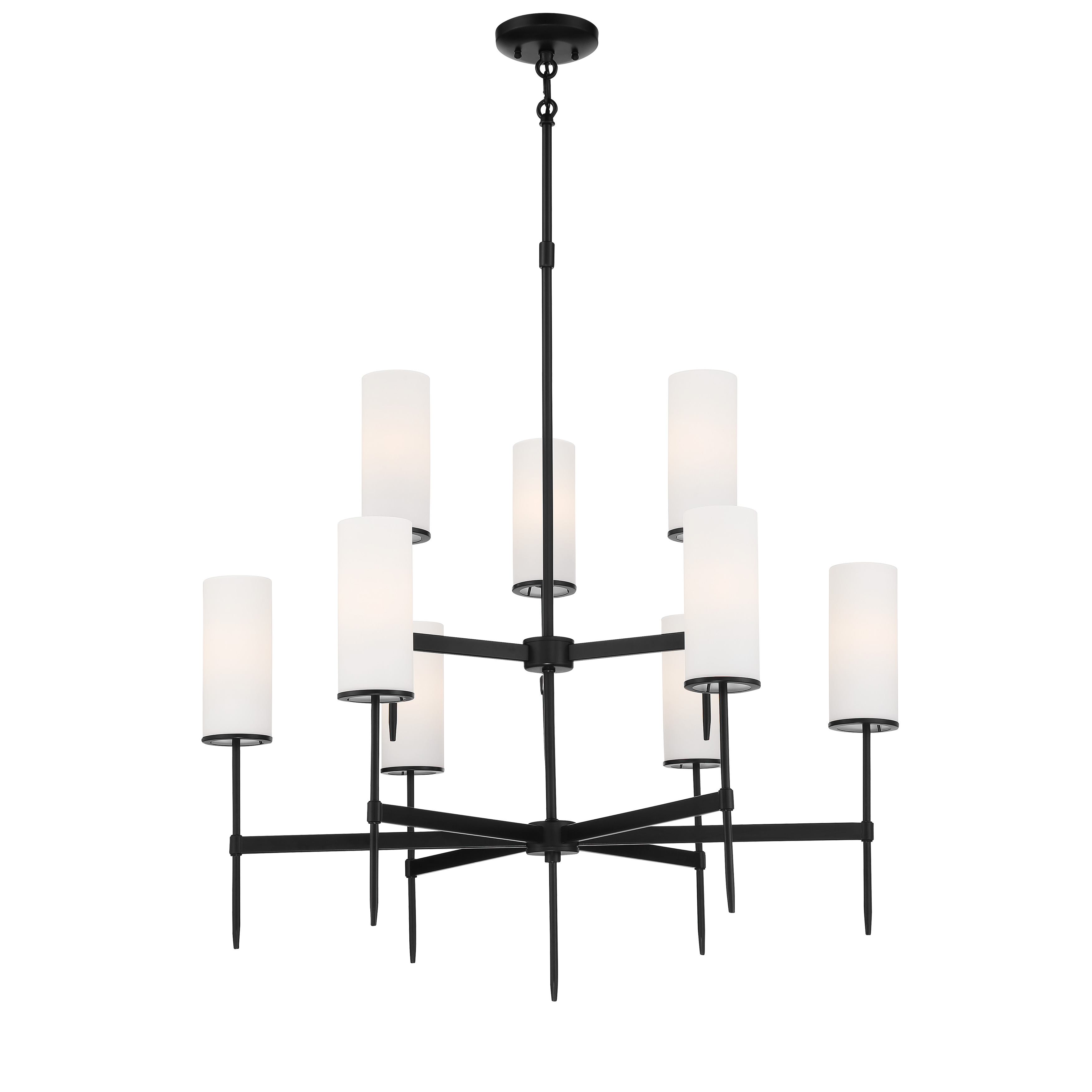 The First Avenue 9-Light Chandelier makes a dramatic statement with its coal black steel frame and etched white glass shades. This contemporary fixture balances industrial edge with refined elegance, perfect for modern dining spaces.
