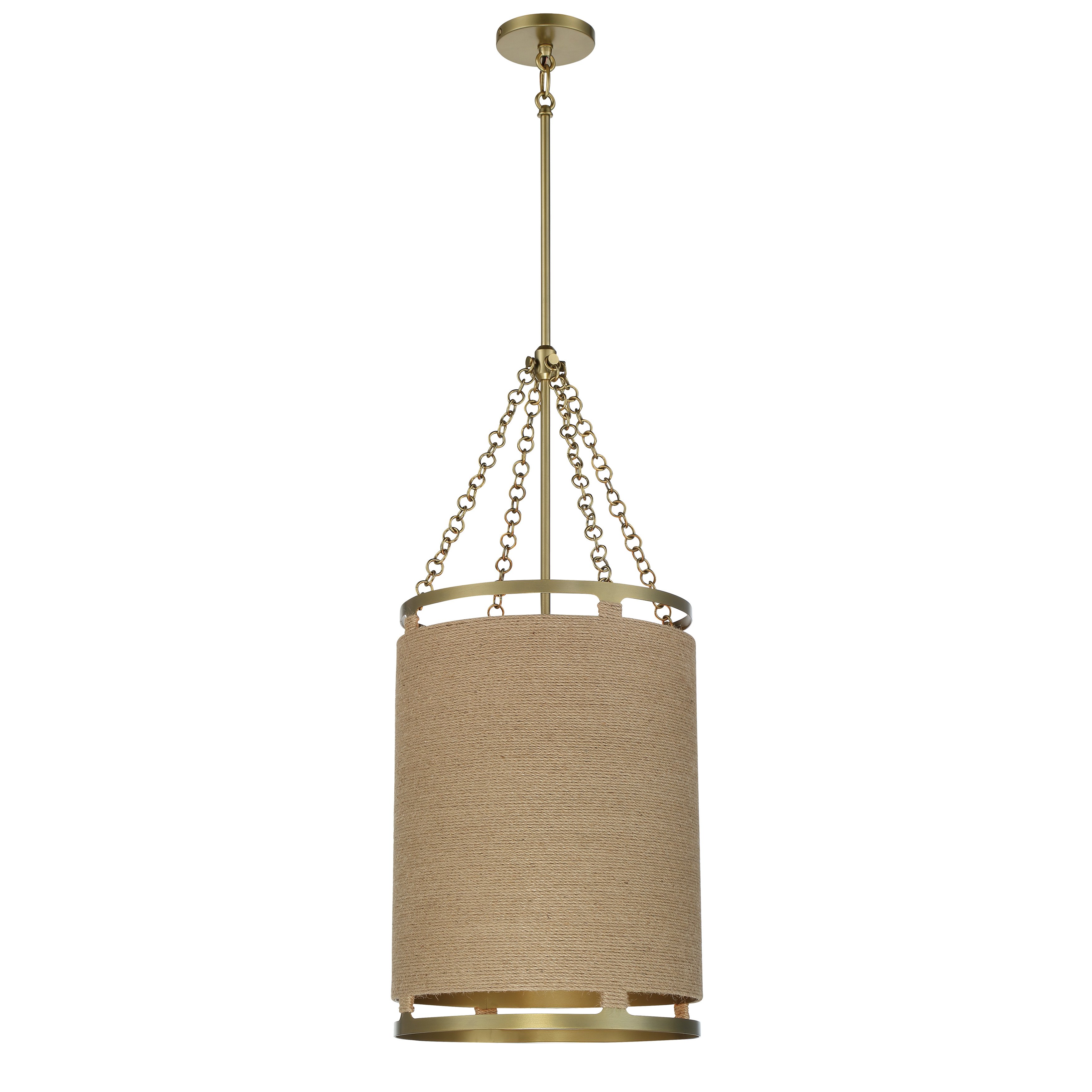 The Windward Passage pendant combines soft brass metalwork with natural rope accents for a sophisticated coastal aesthetic. Its 4-light design provides ample illumination while the 14.5-inch width makes it versatile for various spaces.