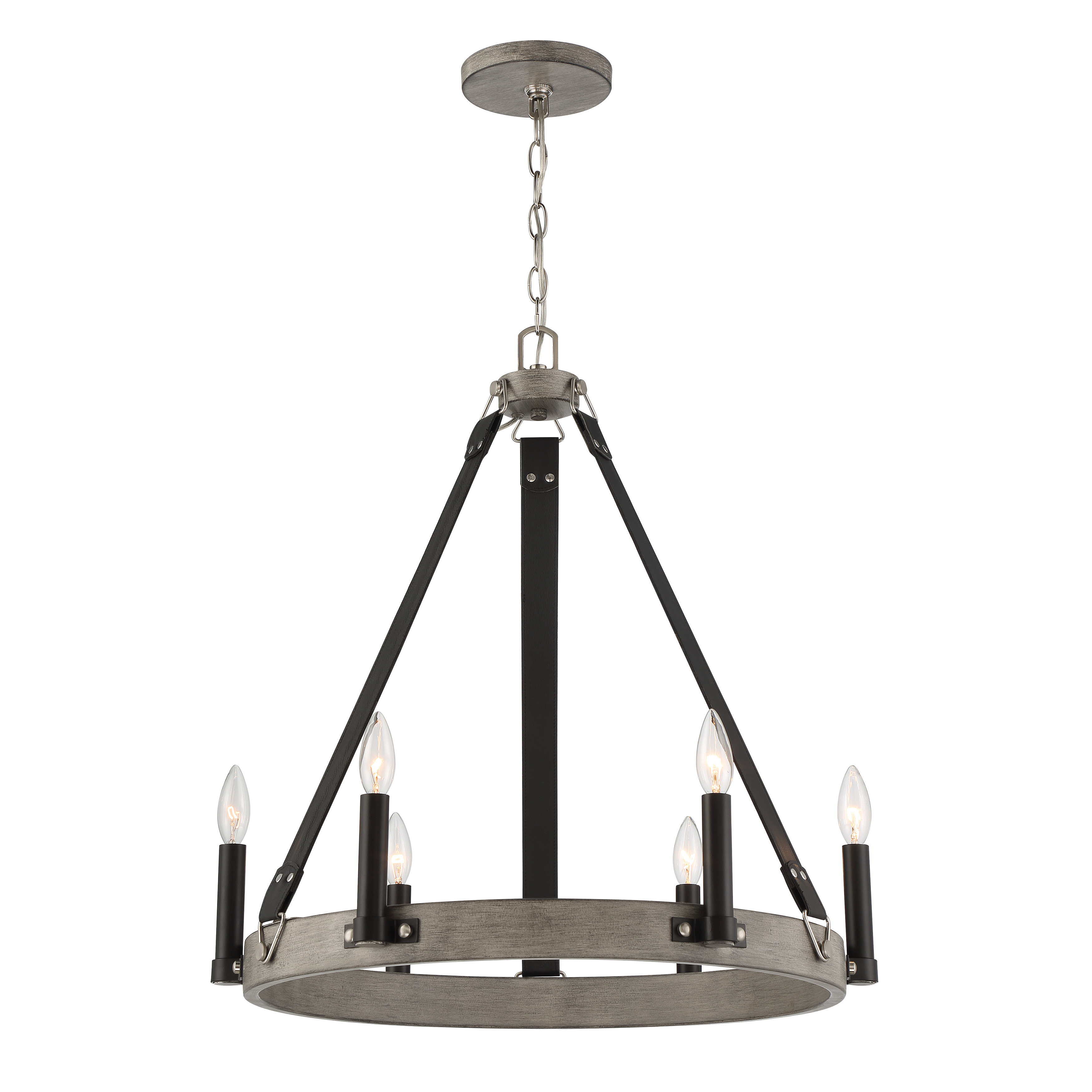 The Rawson Ridge chandelier blends modern design with industrial charm through its distinctive aged silverwood and coal two-tone finish. Six candelabra lights provide ample illumination while the steel construction ensures durability.