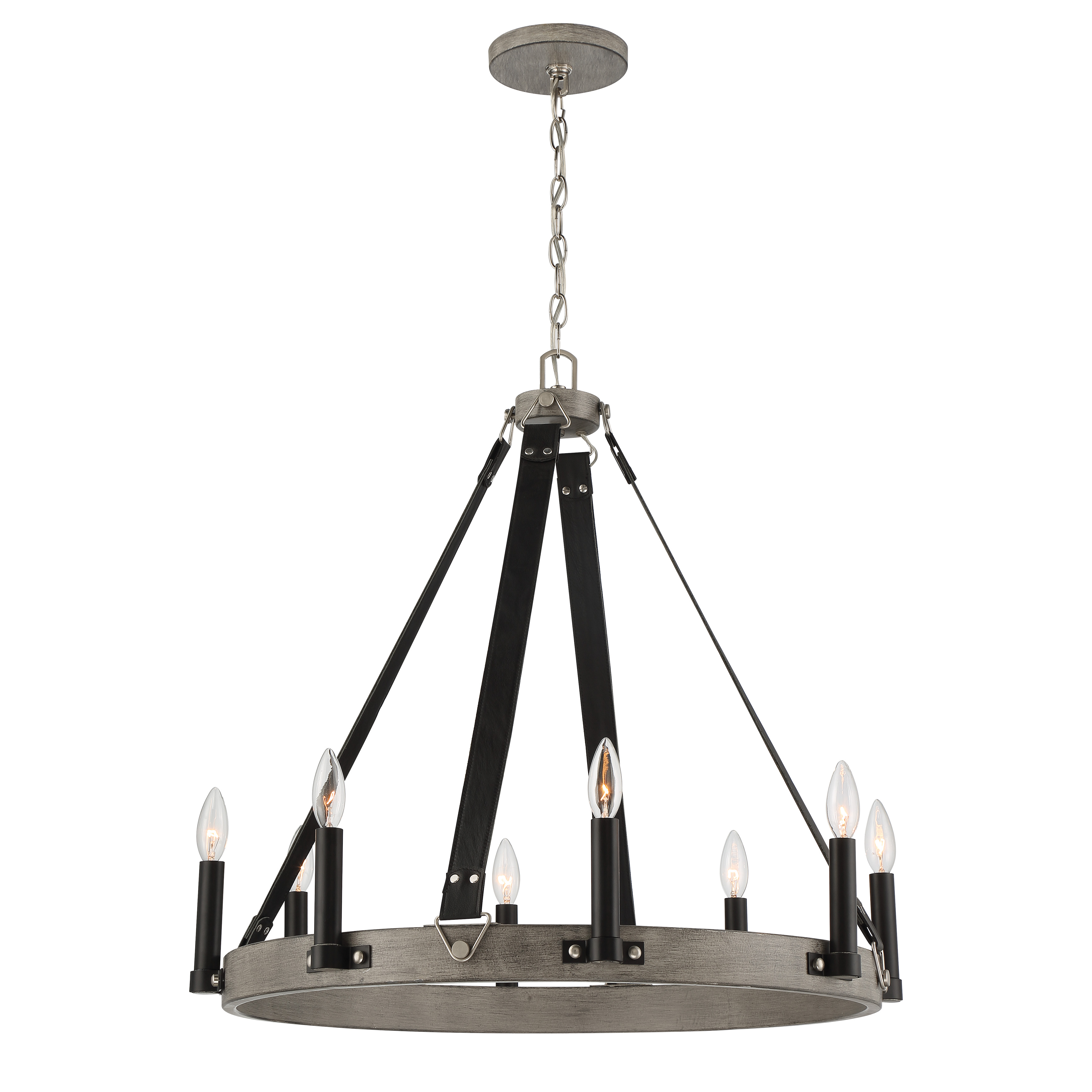The Rawson Ridge 8-Light Chandelier combines aged silverwood and coal finishes for a sophisticated modern-industrial aesthetic. With 8 candelabra bulbs and generous 72-inch chain, it offers versatile installation and dimmable ambiance.