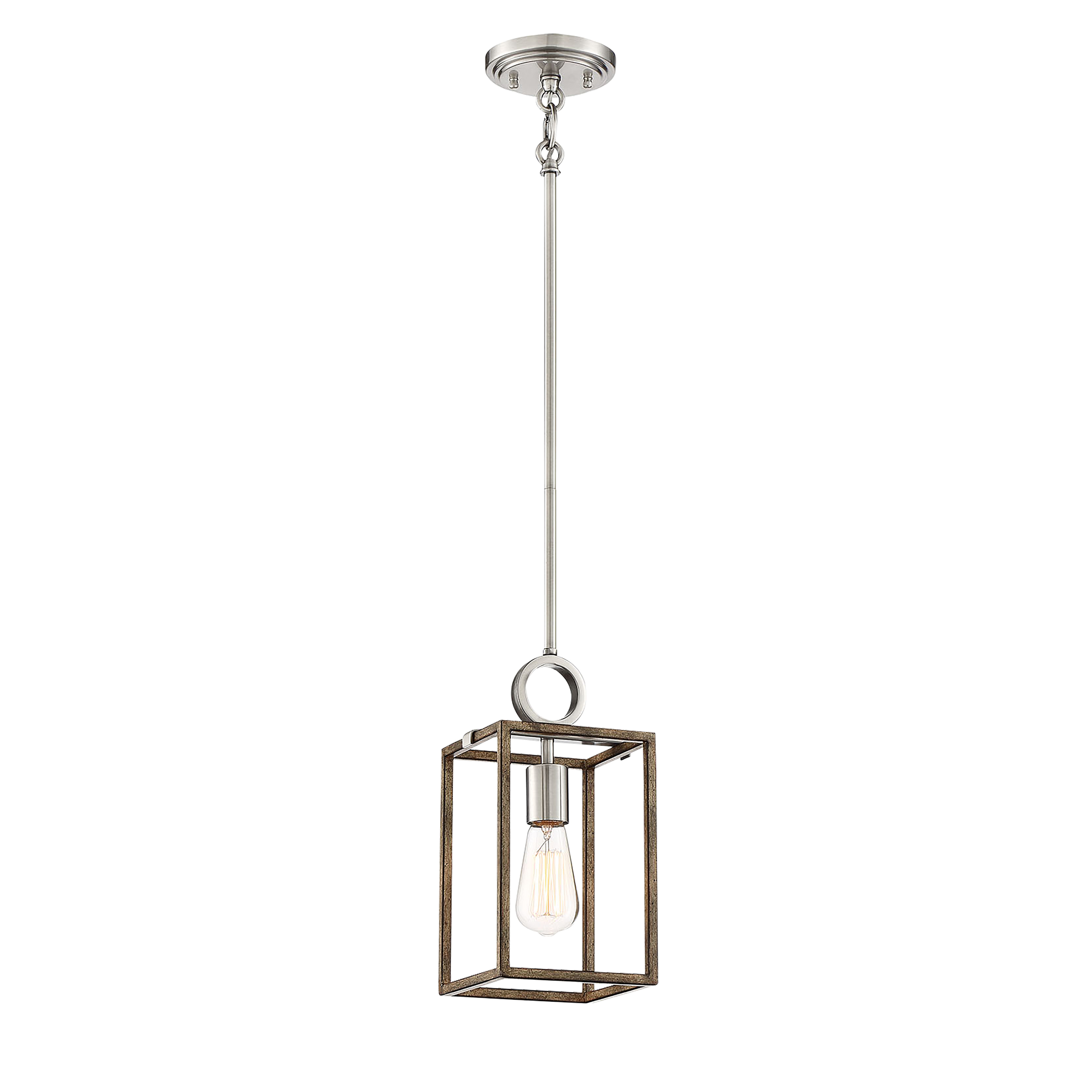 The Country Estates mini pendant combines sun-faded wood with brushed nickel accents for a warm, transitional look. Its compact 6.5-inch width makes it ideal for kitchen islands, breakfast nooks, or clustered installations.