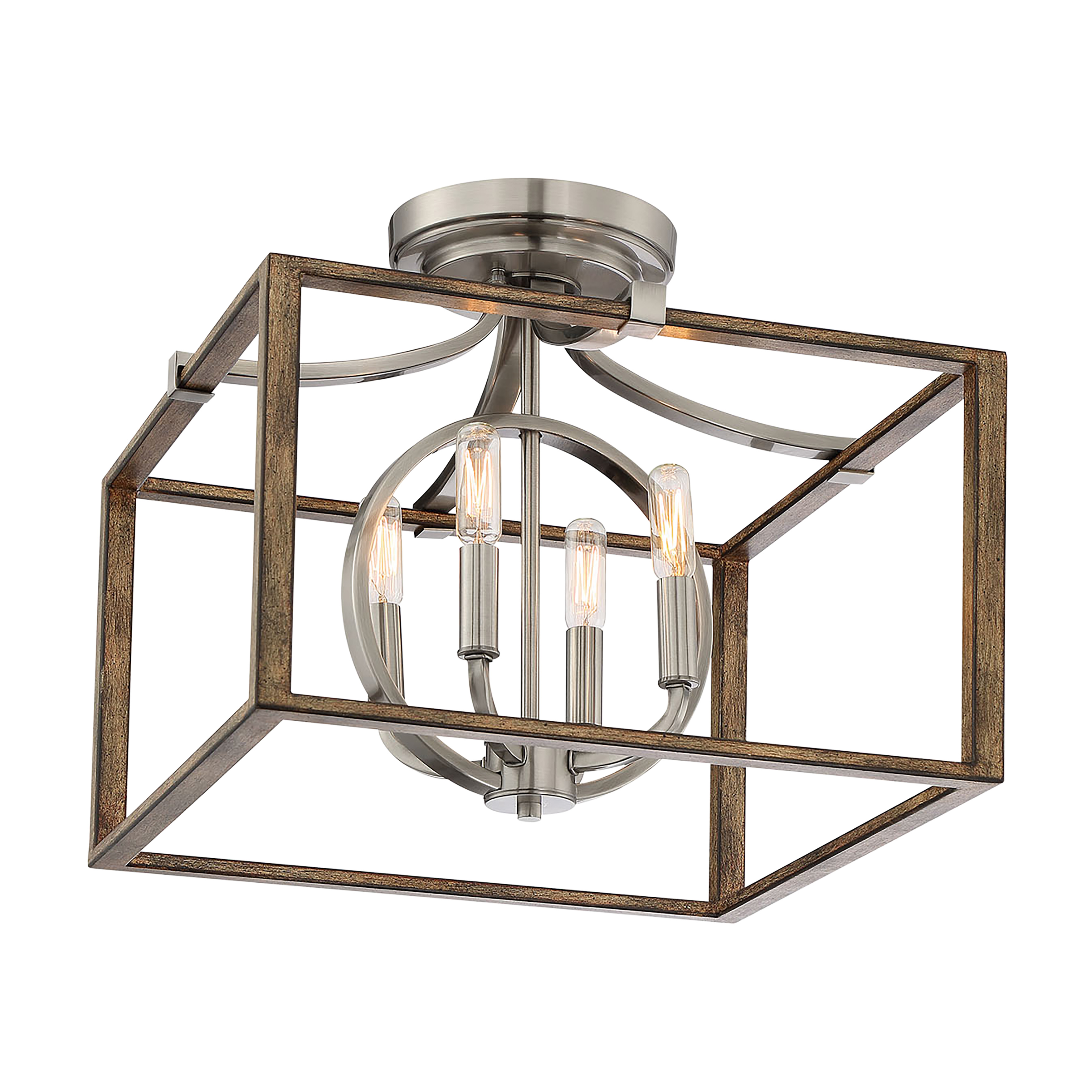 The Country Estates semi-flush mount blends weathered wood character with brushed nickel accents for a refined farmhouse aesthetic. Its compact 16.5-inch profile and dimmable 4-light design make it ideal for smaller spaces needing warm, adjustable lighting.