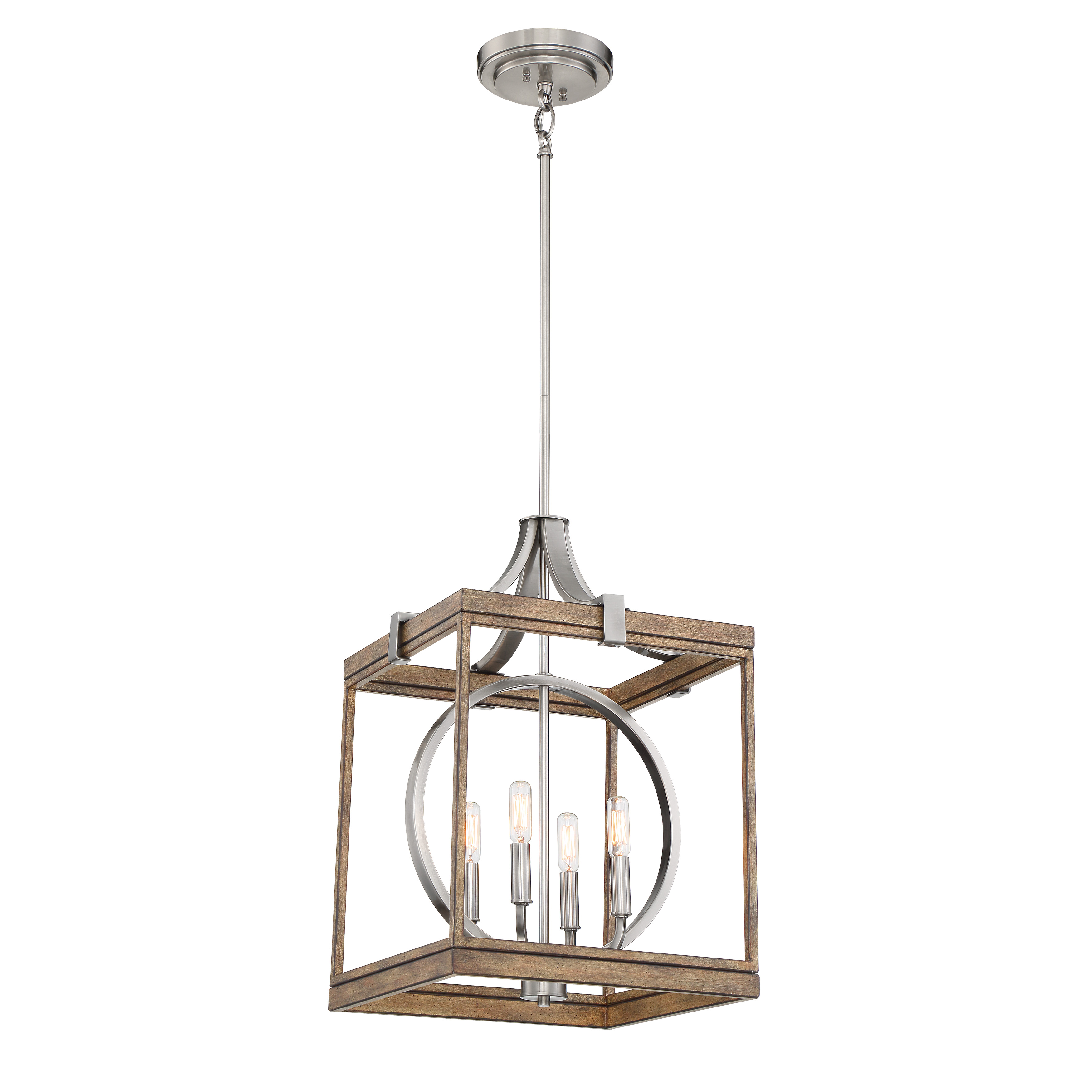 This compact 4-light pendant blends weathered wood character with brushed nickel accents, creating a warm transitional look perfect for smaller dining spaces and kitchen islands. Dimmable functionality adds versatility.