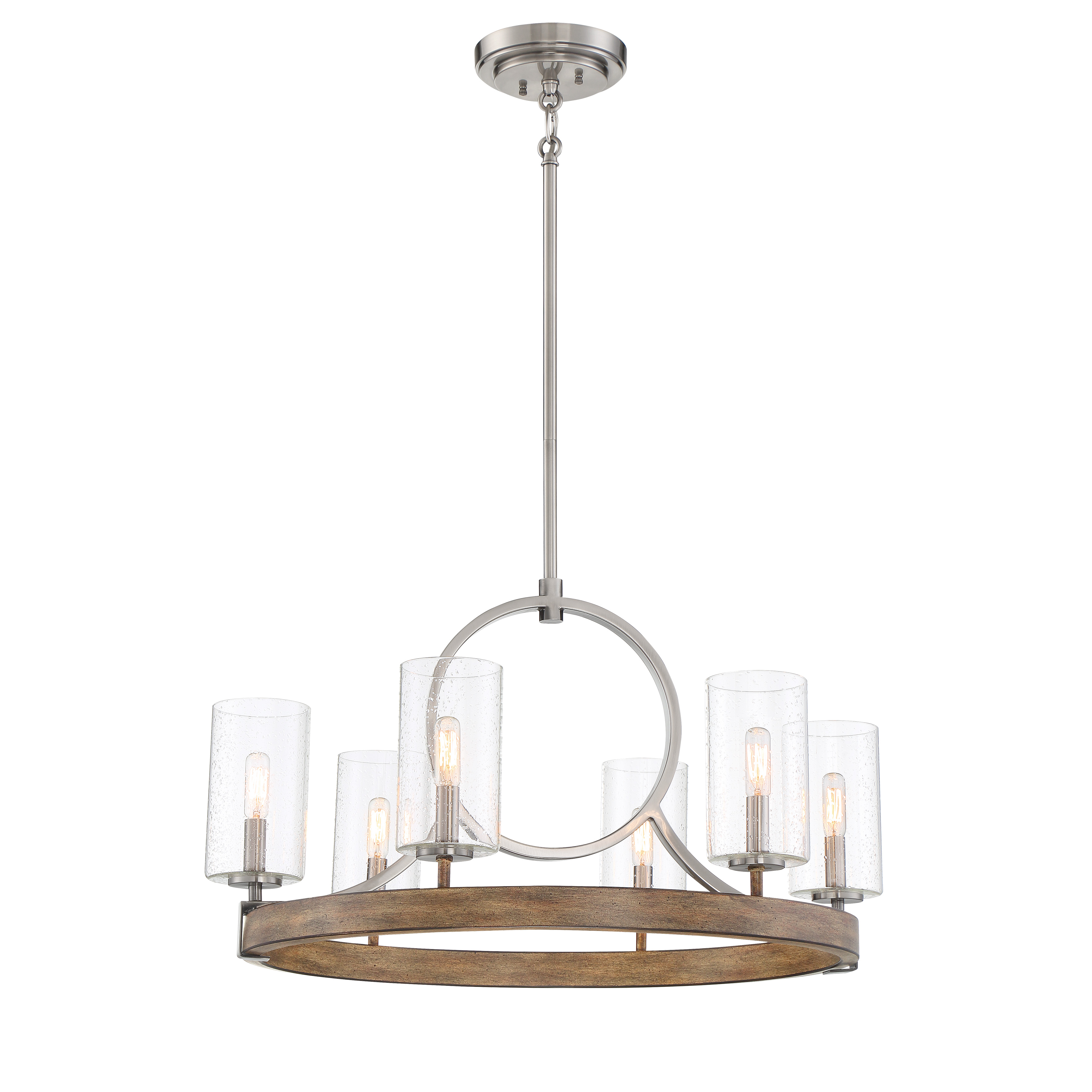 The Country Estates chandelier blends sun-faded wood with brushed nickel accents for a warm, inviting aesthetic. Six candelabra lights with seeded glass shades create ambient illumination perfect for casual dining spaces.