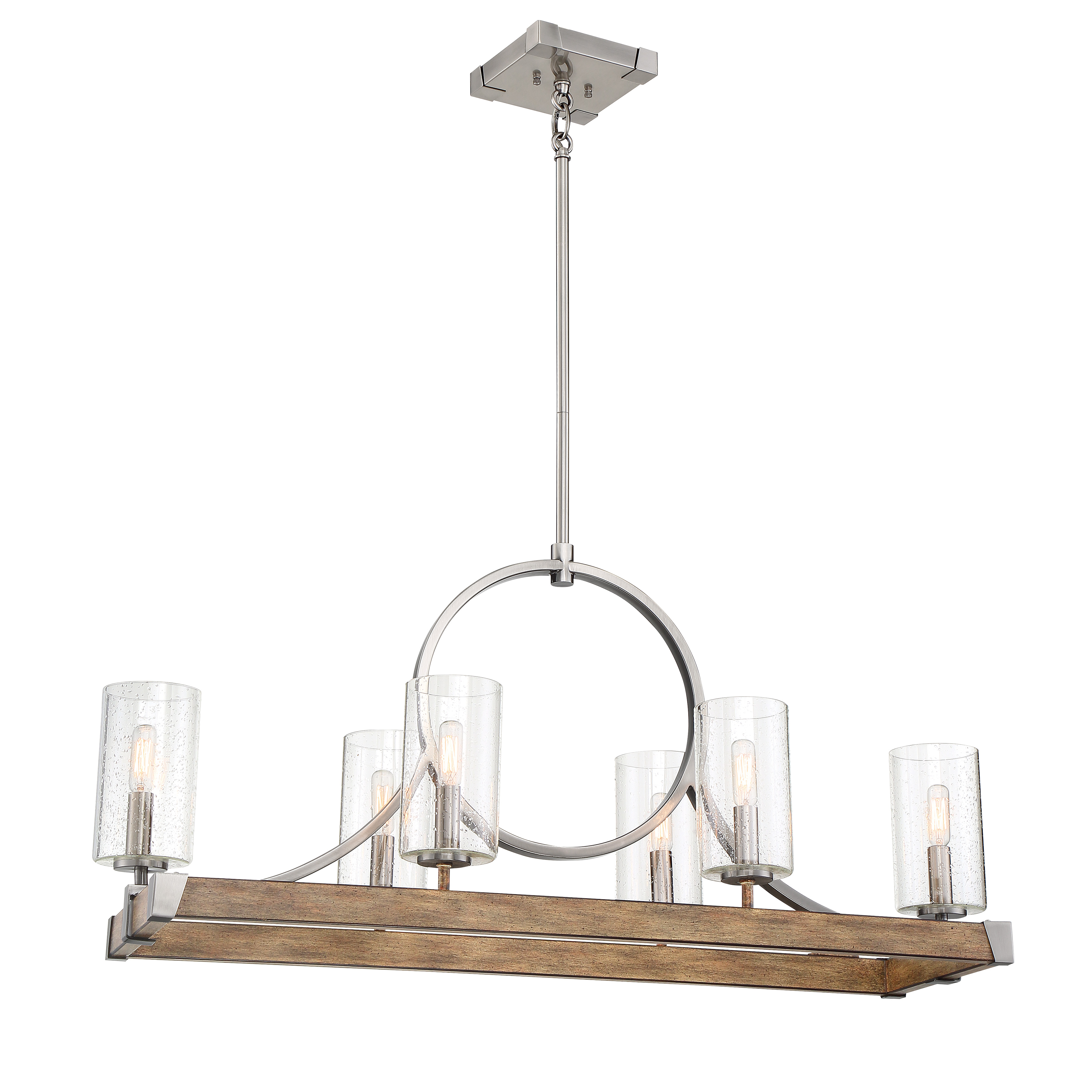 This 6-light island chandelier combines sun-faded wood with brushed nickel accents and seeded glass shades for authentic farmhouse charm. Perfect for kitchen islands and dining spaces seeking warm, transitional character.