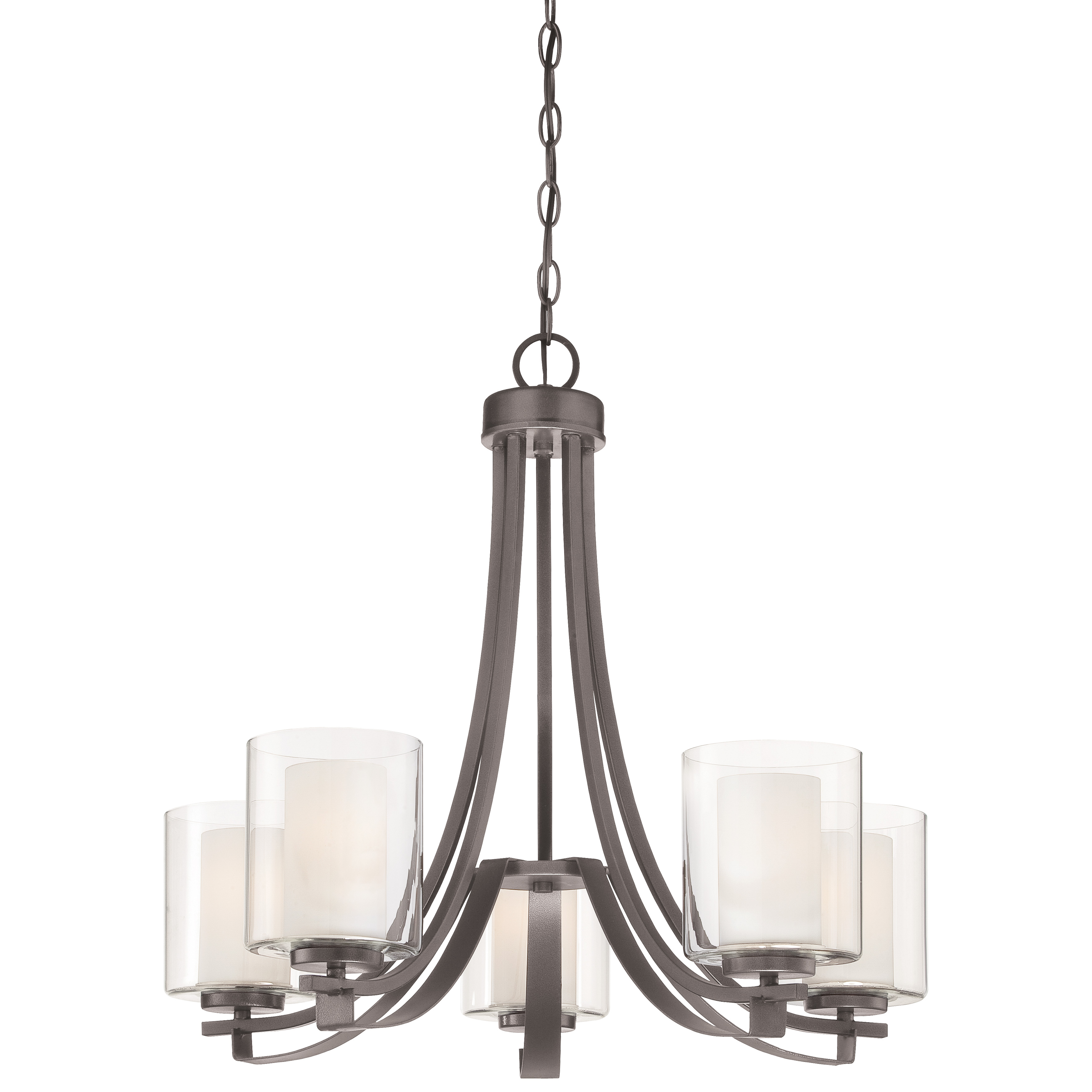 The Parsons Studio 5-Light Chandelier combines clean lines with an industrial smoked iron finish, making it a versatile choice for modern and traditional spaces. The mix of clear and etched glass shades provides layered lighting.