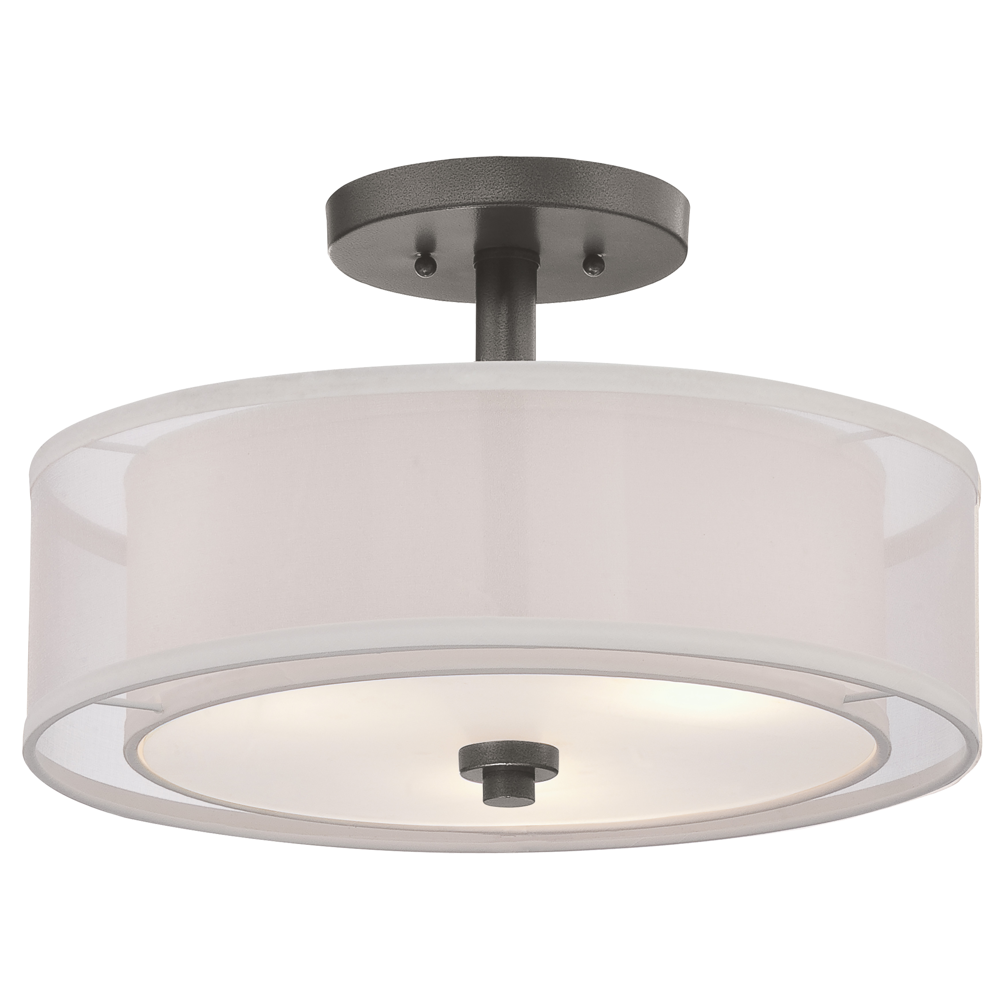 The Parsons Studio semi-flush combines industrial smoked iron with sophisticated layered linen shades for soft, diffused lighting. Its compact 15-inch profile fits smaller spaces while the three-bulb design provides ample illumination.