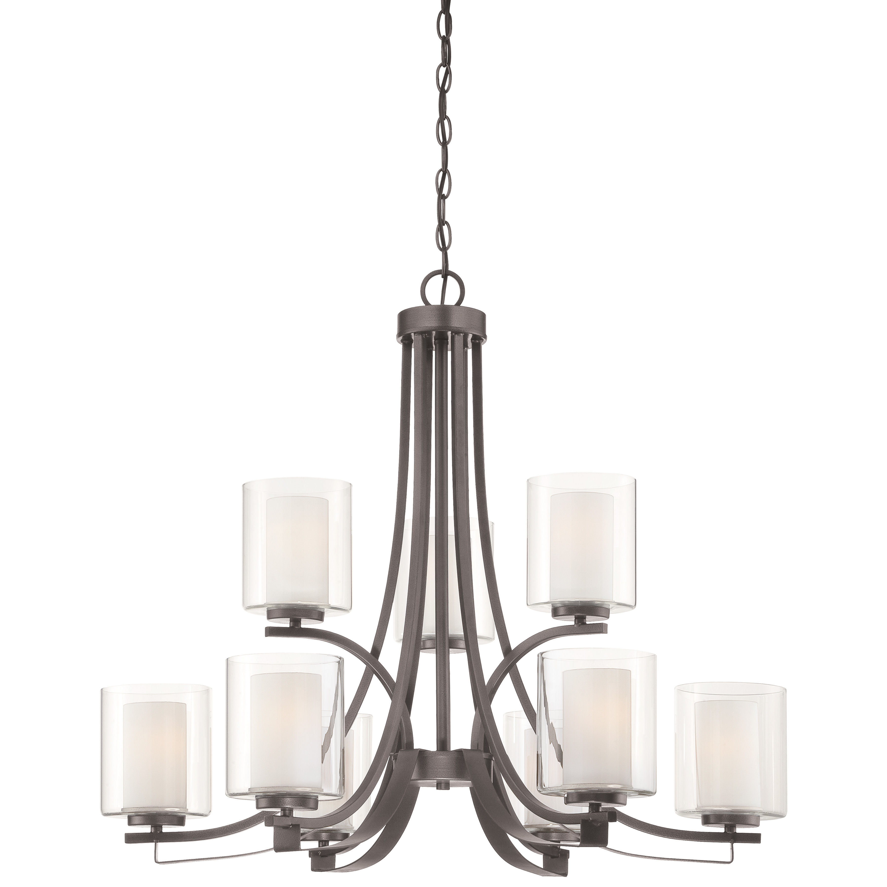 The Parsons Studio chandelier combines smoked iron finish with mixed glass shades for sophisticated ambiance. Its 31.5-inch width suits medium to large spaces, while dimmable capability offers lighting flexibility.