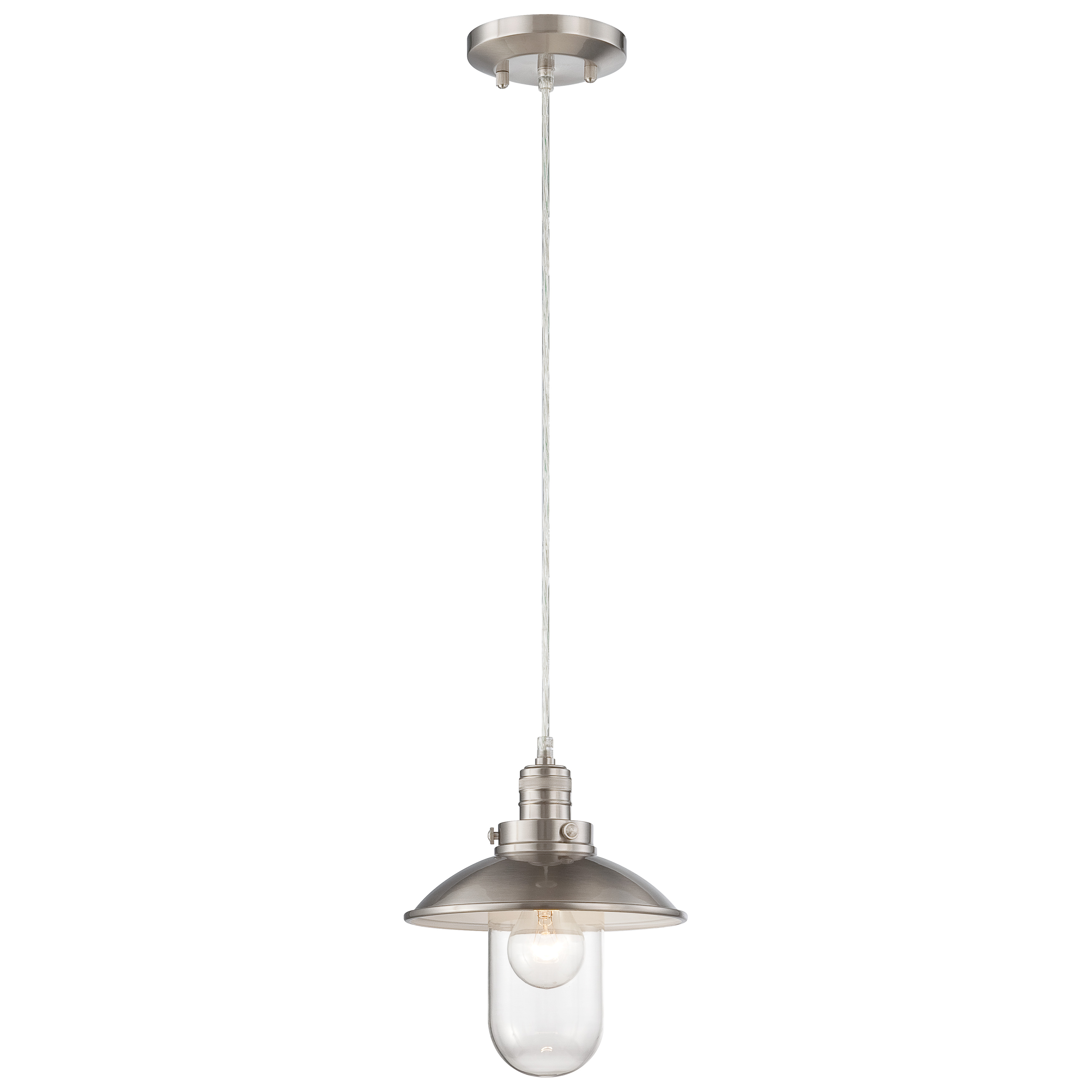 The Downtown Edison mini pendant combines brushed nickel hardware with clear glass for a versatile transitional look. Its compact 8.5-inch profile makes it perfect for smaller spaces or clustered installations over islands and bars.