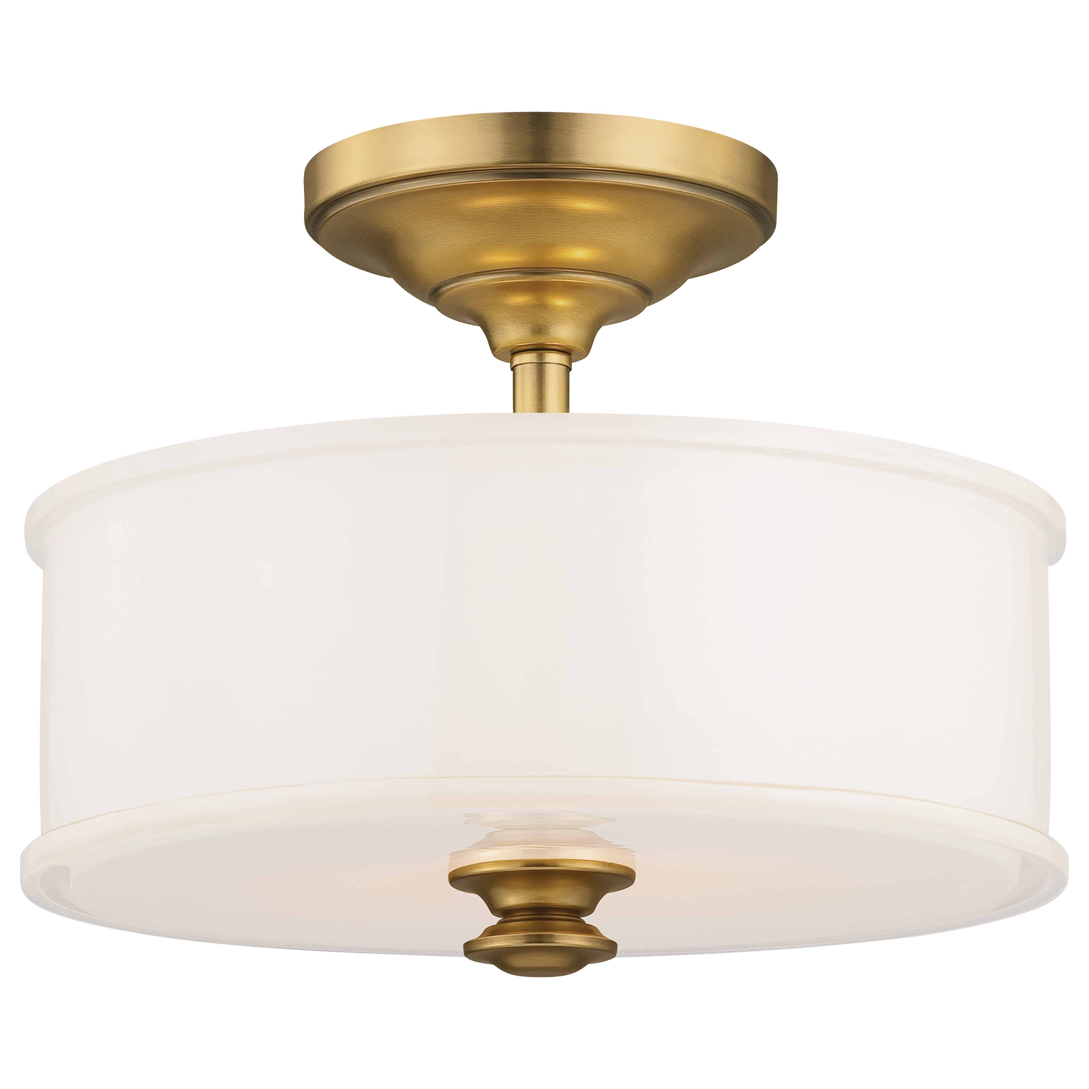 The Harbour Point semi-flush mount combines traditional elegance with practical functionality. Its Liberty Gold finish and etched white glass create warm, diffused illumination perfect for smaller spaces with standard ceiling heights.