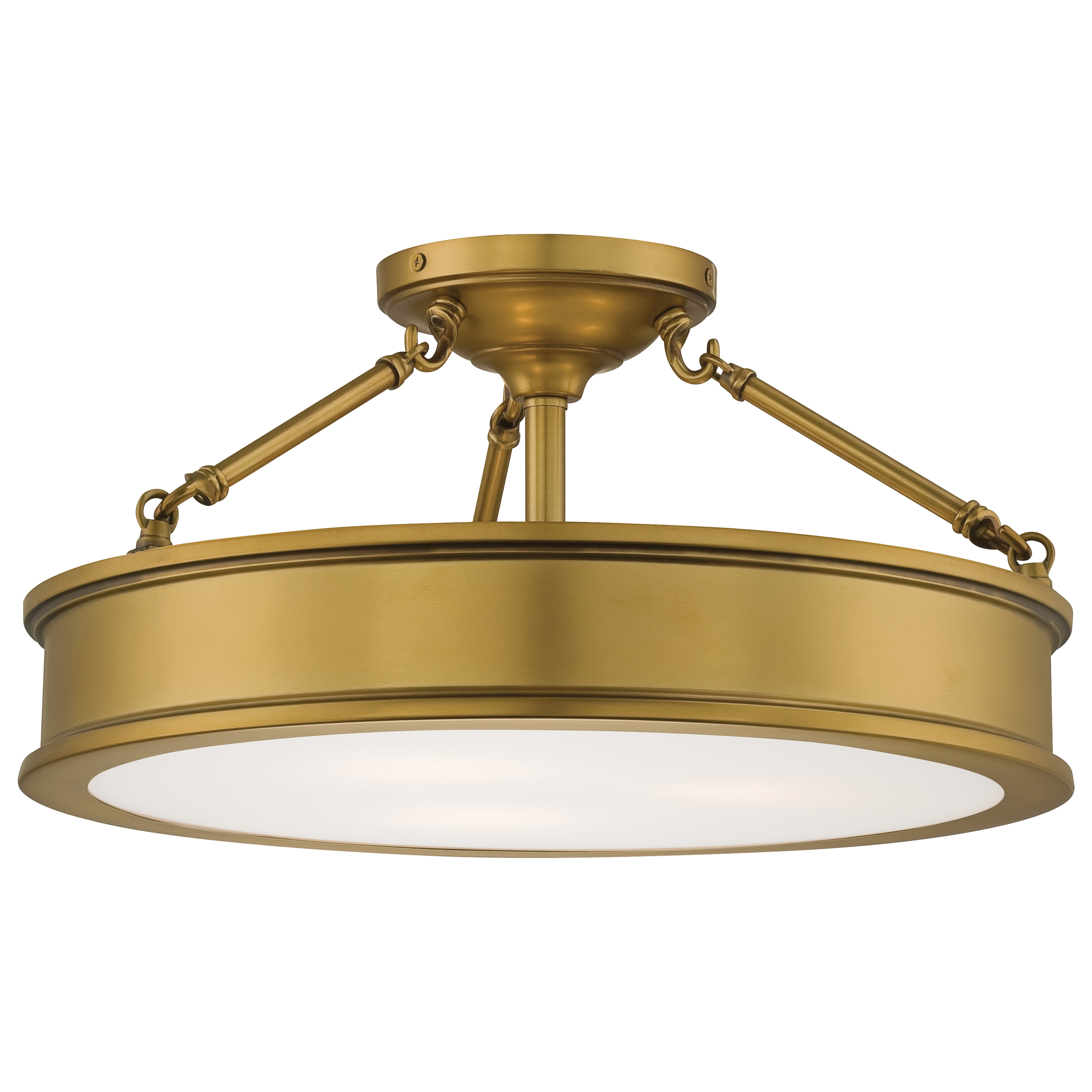 The Harbour Point semi-flush mount combines traditional elegance with practical functionality. Its Liberty Gold finish and etched white glass create warm, diffused lighting perfect for lower ceilings.