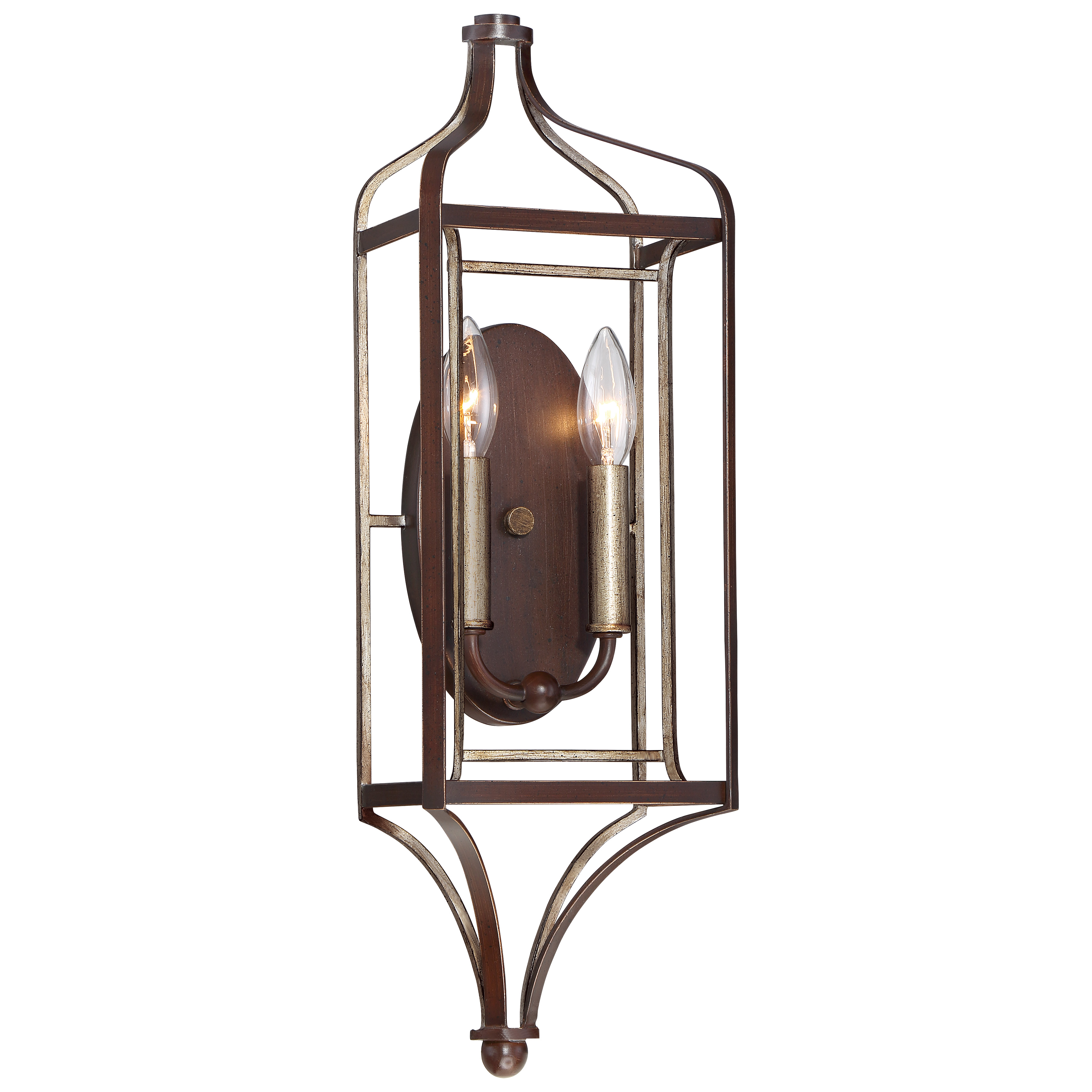 The Astrapia wall sconce combines dark rubbed sienna with aged silver accents for a sophisticated traditional look. Its compact 22-inch height makes it ideal for hallways, bedrooms, and intimate spaces.
