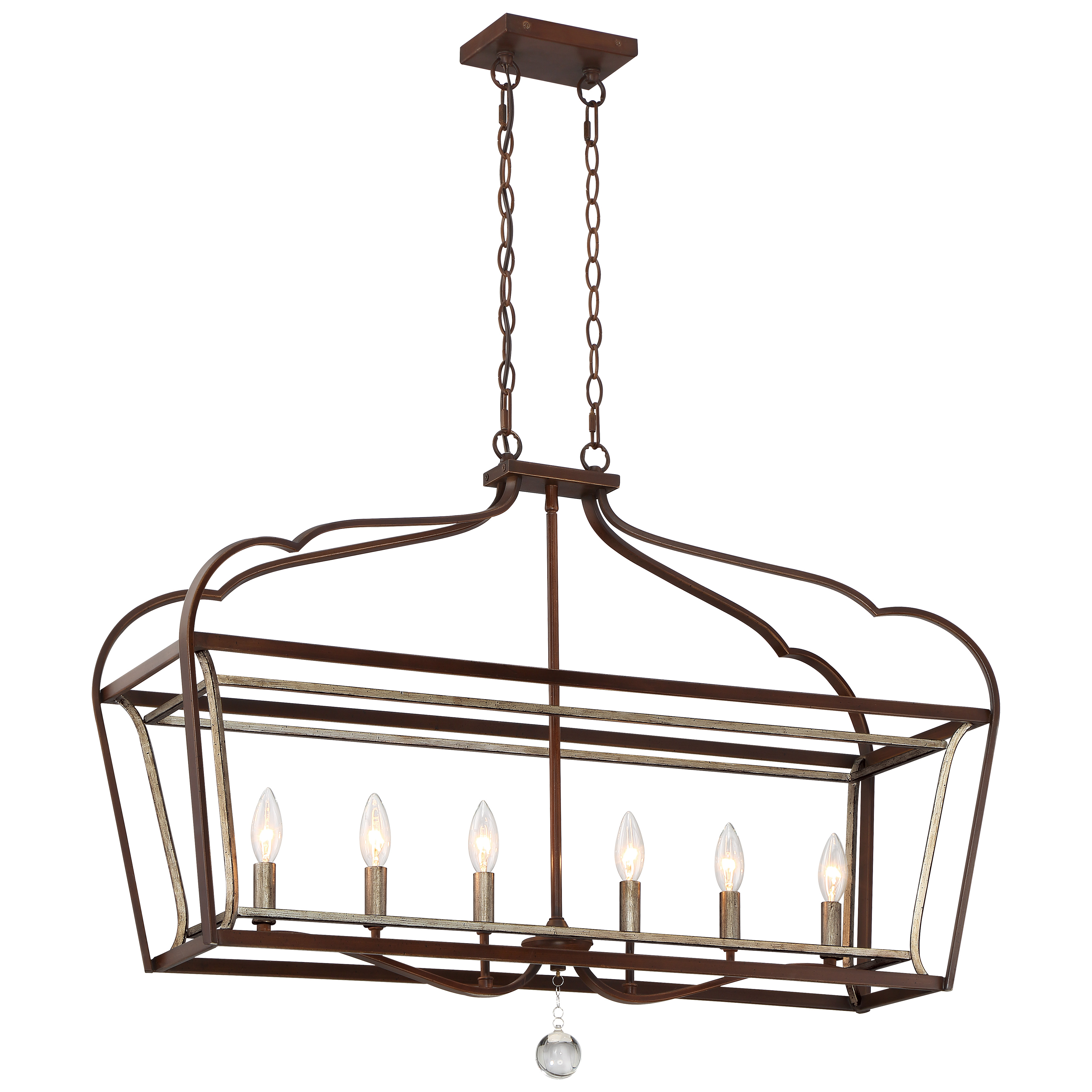 The Astrapia Island Light combines traditional elegance with practical functionality. Its 36-inch linear design and warm Dark Rubbed Sienna finish with Aged Silver accents create visual interest over dining tables and kitchen islands.