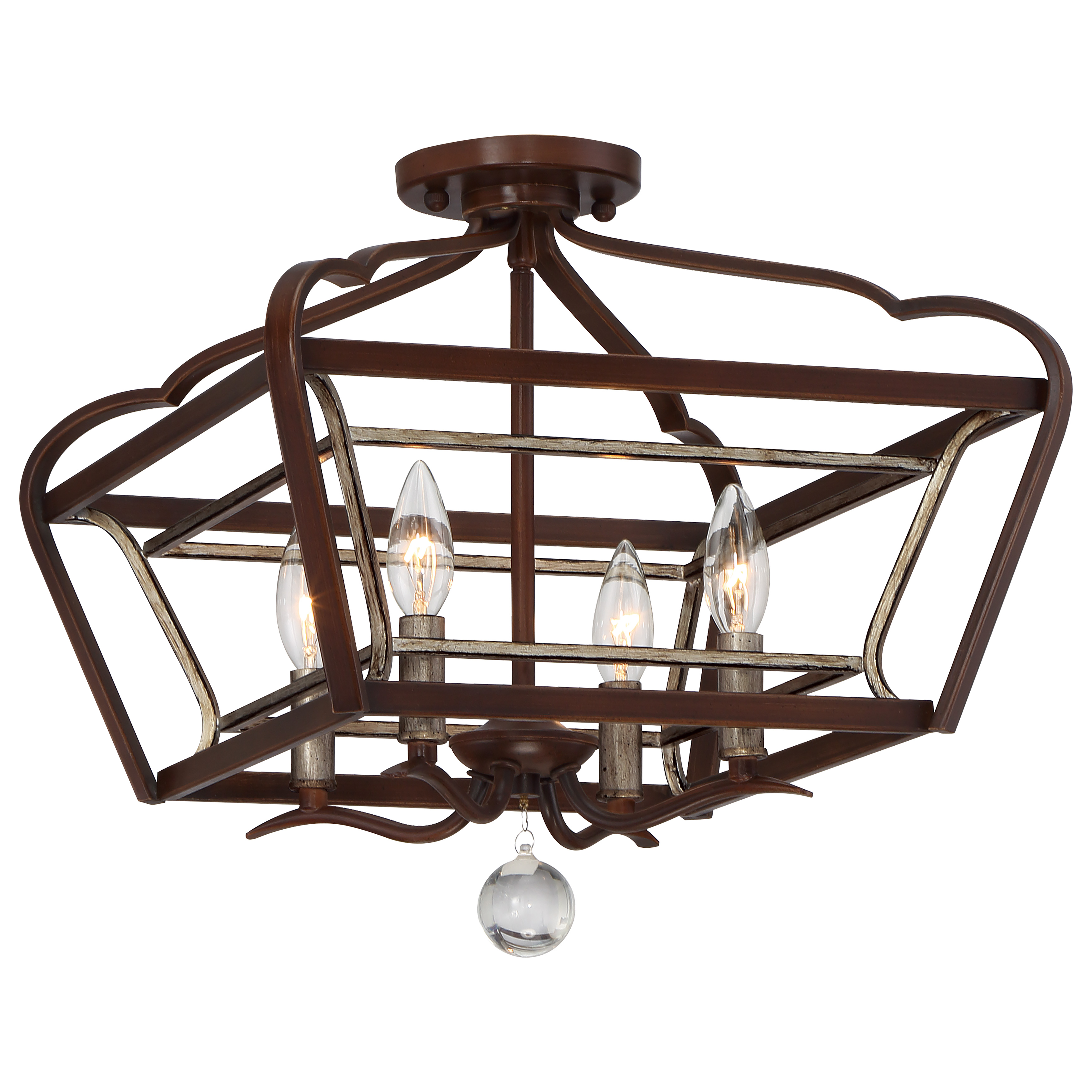 The Astrapia semi-flush mount combines traditional warmth with transitional elegance. Its dark rubbed sienna and aged silver finish creates visual depth, while the compact 16-inch profile fits beautifully in smaller spaces.