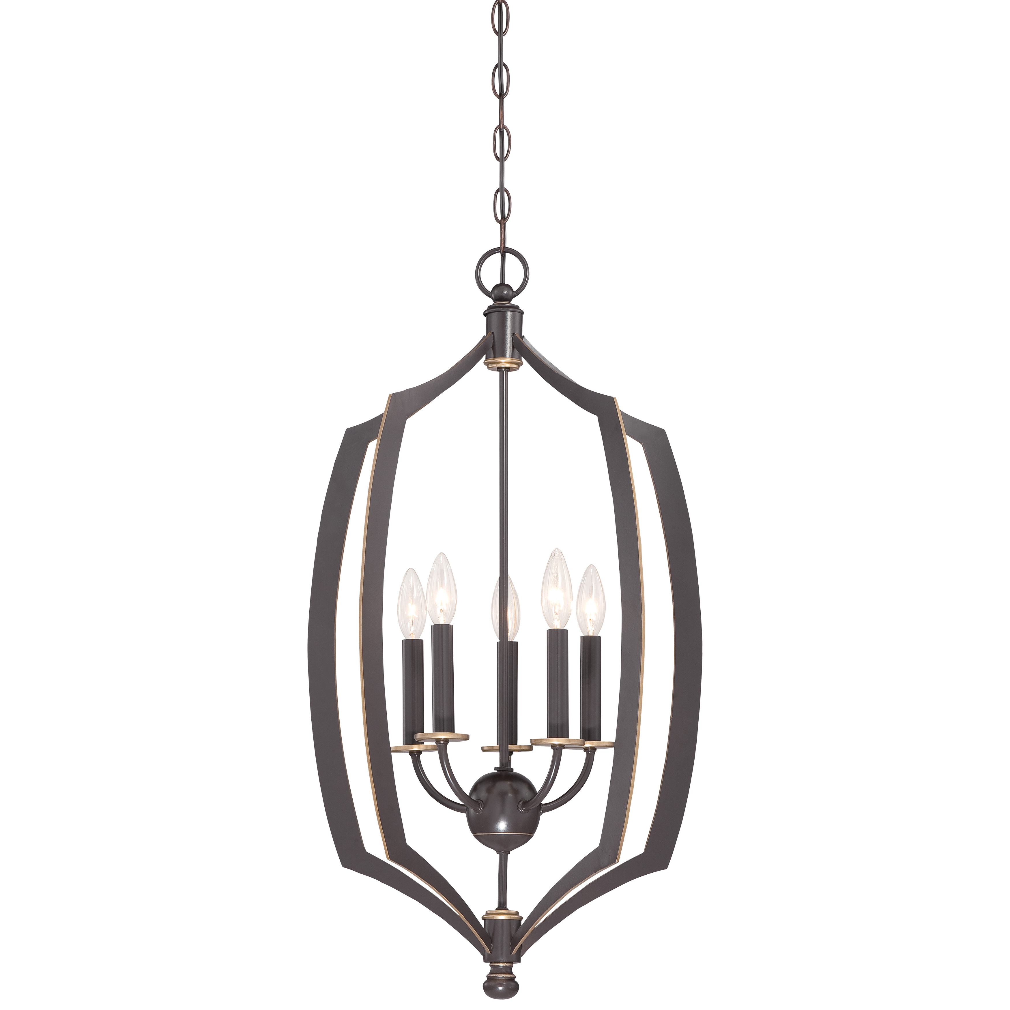 The Middletown 5-Light Foyer Pendant combines transitional styling with a sophisticated Downtown Bronze finish accented by gold highlights. Its 17-inch frame and 30-inch height create an impressive presence perfect for entryways and dining spaces.