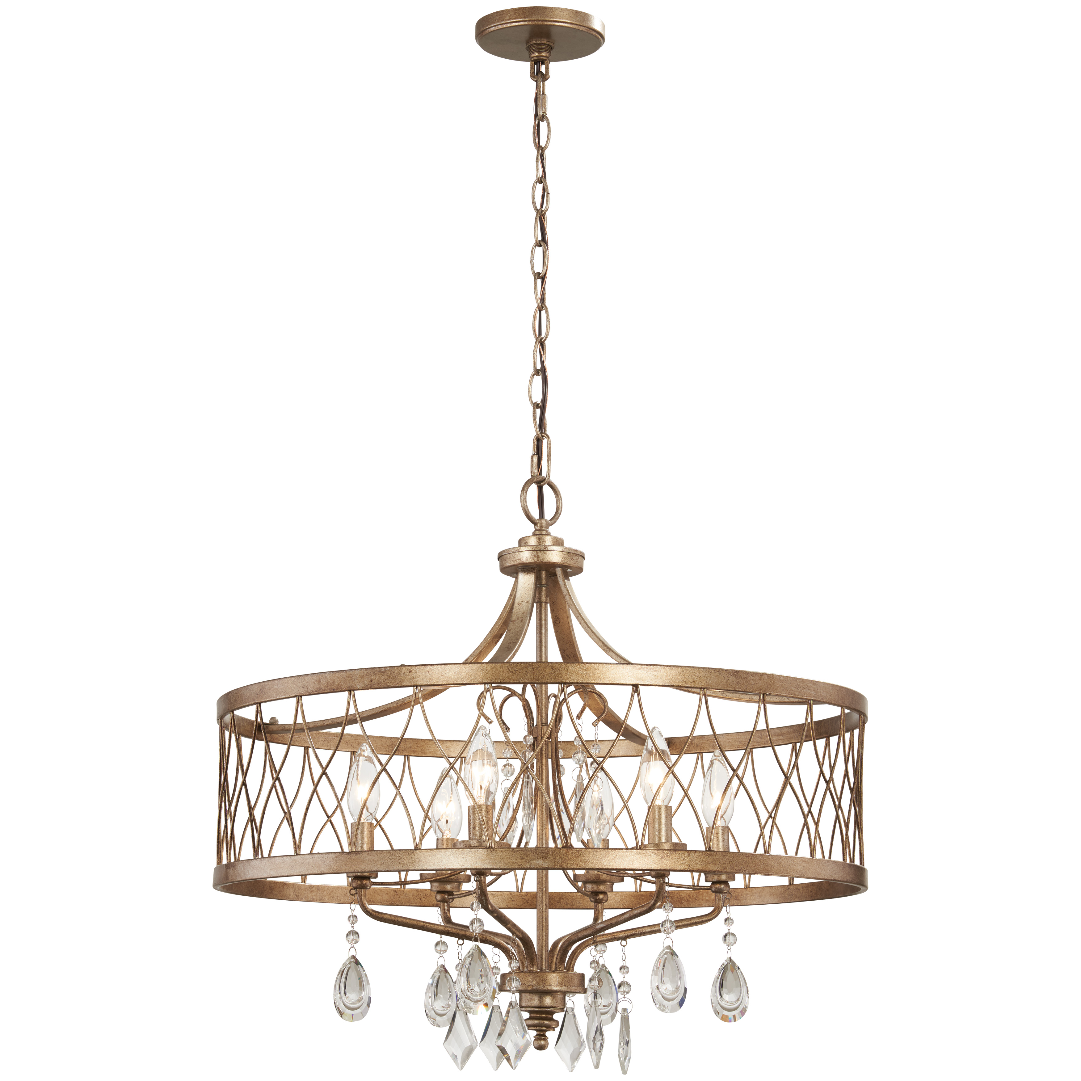 The West Liberty chandelier combines classic traditional styling with luxurious crystal accents in a warm Olympus Gold finish. Its 24-inch width makes it versatile for medium-sized spaces, while 6 candelabra lights provide ample illumination.