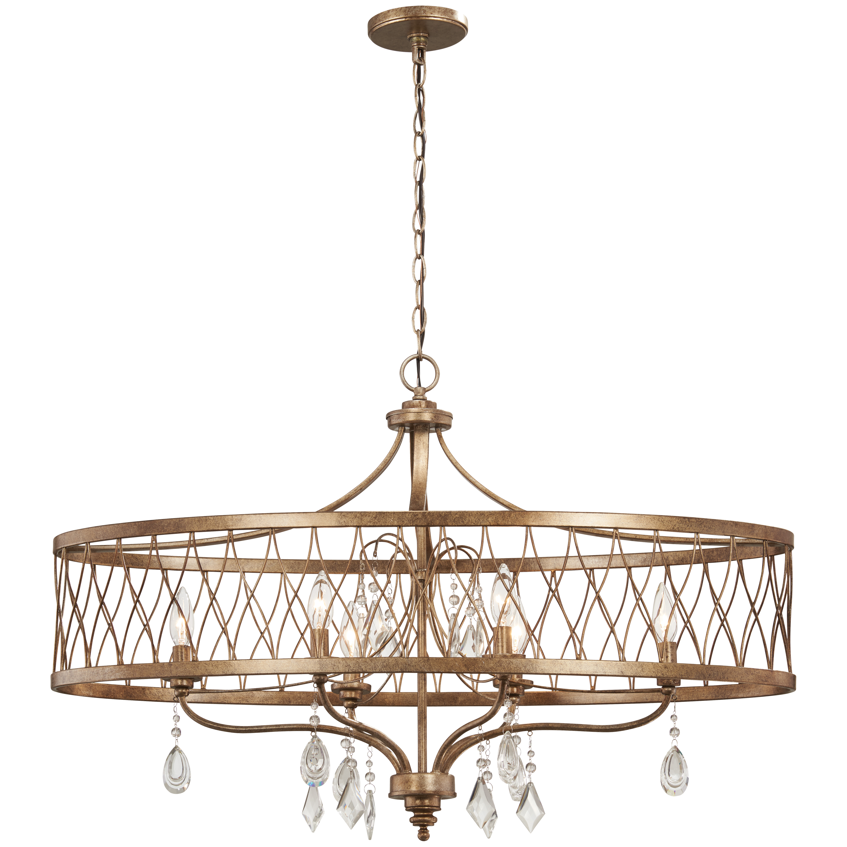 The West Liberty brings timeless elegance to kitchen islands and dining spaces with its Olympus Gold finish and sparkling crystal details. Six candelabra lights provide ample illumination while the linear design complements rectangular surfaces beautifully.