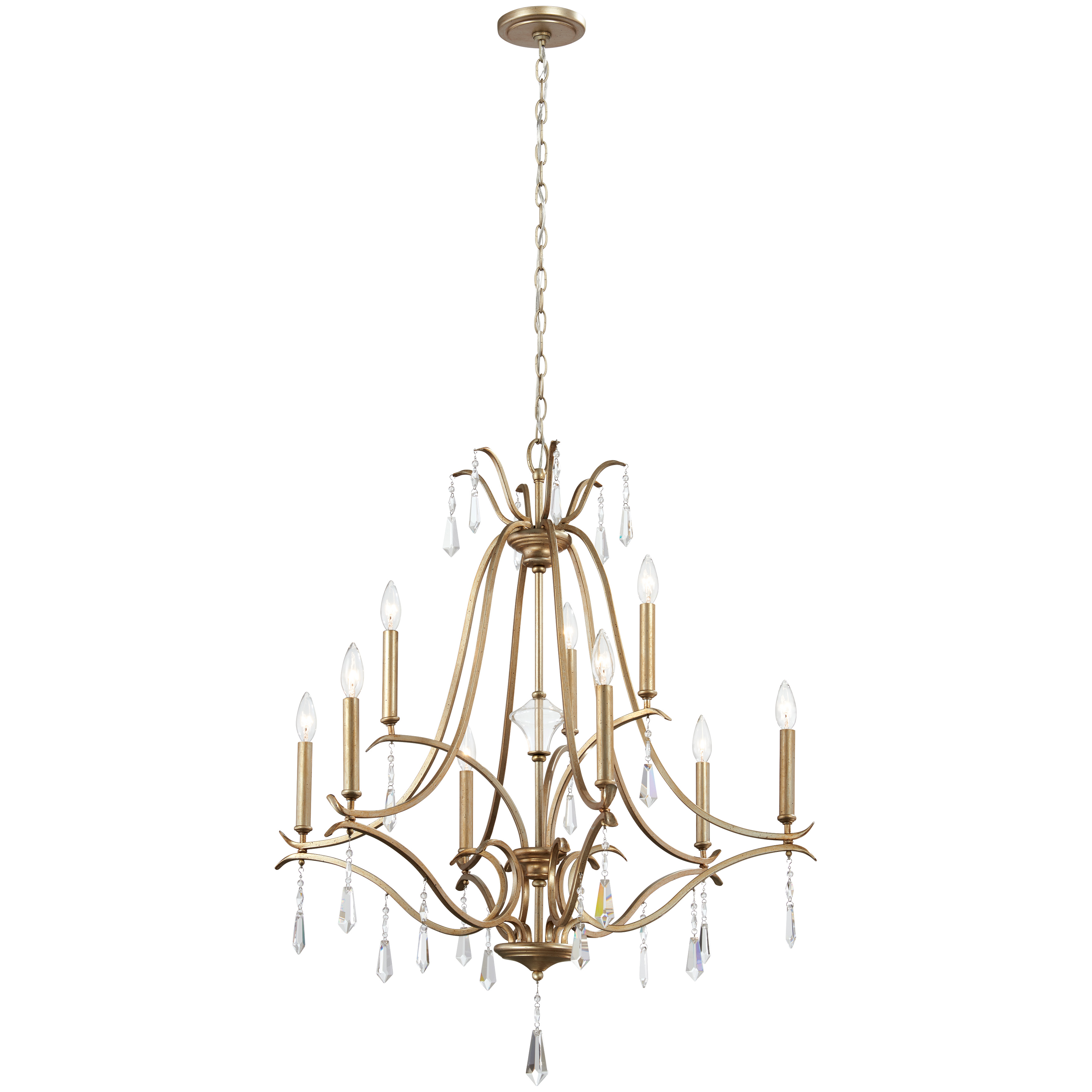 The Laurel Estate chandelier combines traditional elegance with contemporary sensibility. Nine candelabra lights create abundant illumination while crystal and glass elements add sparkle. The Brio Gold finish provides warmth without being overly ornate, making it versatile for both classic and updated interiors.