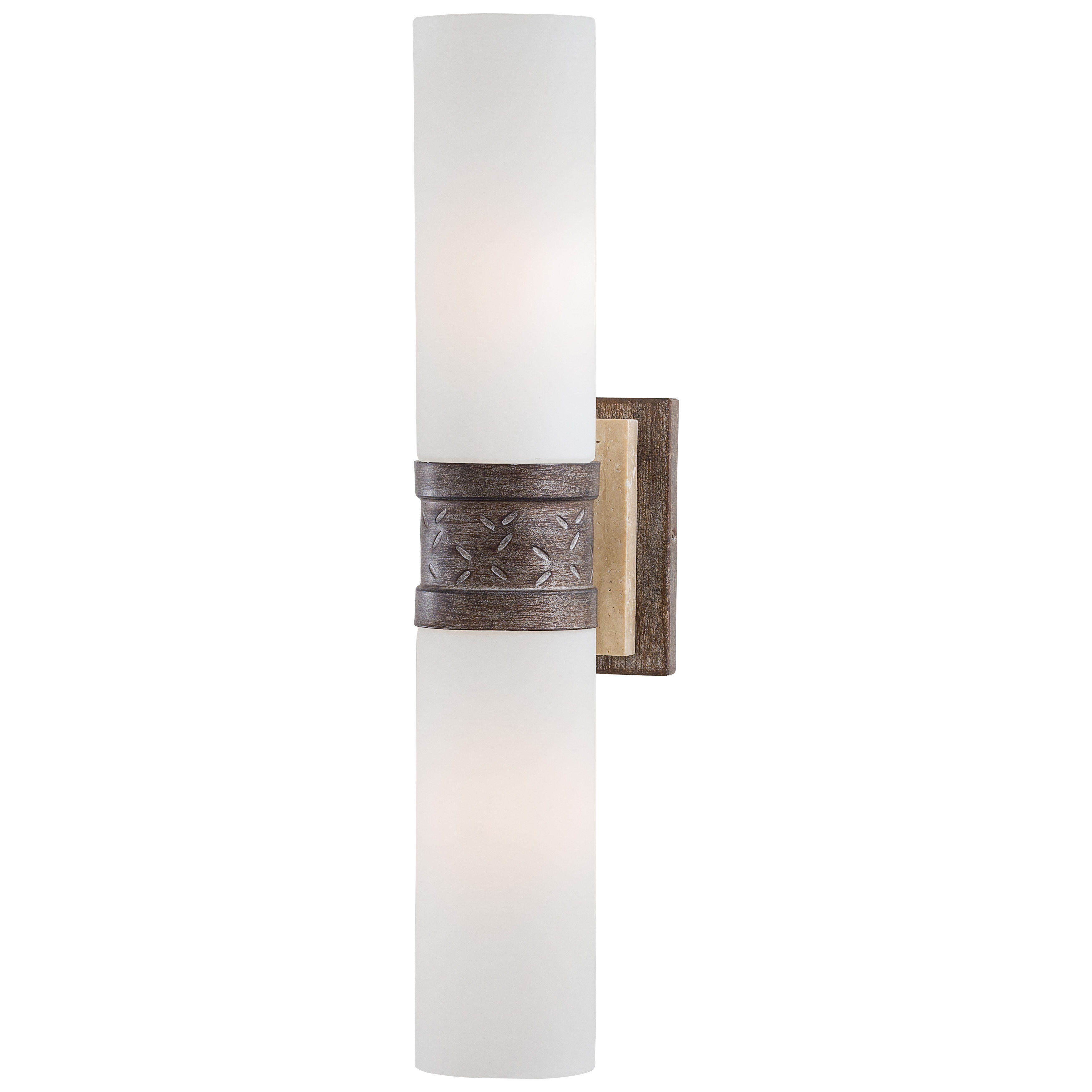 This refined 2-light wall sconce combines aged patina iron with natural travertine stone and etched opal glass for a sophisticated traditional aesthetic. Compact at 18.5" tall, it provides warm ambient lighting ideal for bathrooms, hallways, and intimate spaces.