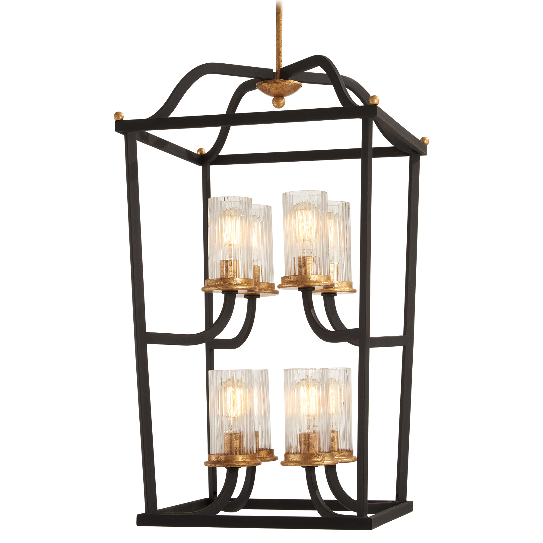 The Posh Horizon pendant combines transitional elegance with modern flair. Its sand black finish with gold leaf accents and clear ribbed glass shades create dramatic visual interest while providing ample illumination for dining and entertaining spaces.