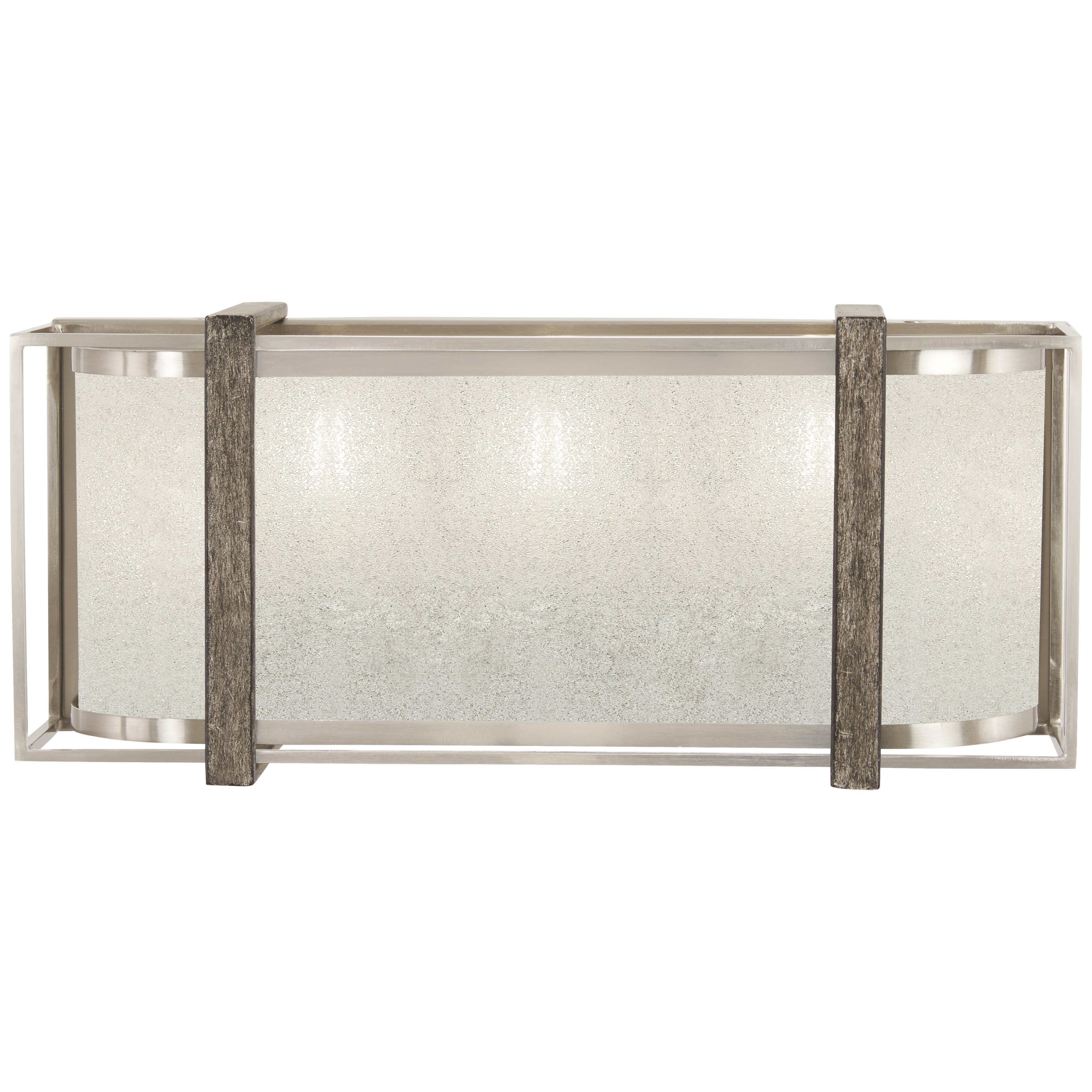 The Tyson's Gate 3-Light Bath combines brushed nickel with shale wood accents and white iris glass shades for a sophisticated transitional look. Compact 16-inch width fits smaller vanities while providing ample illumination.