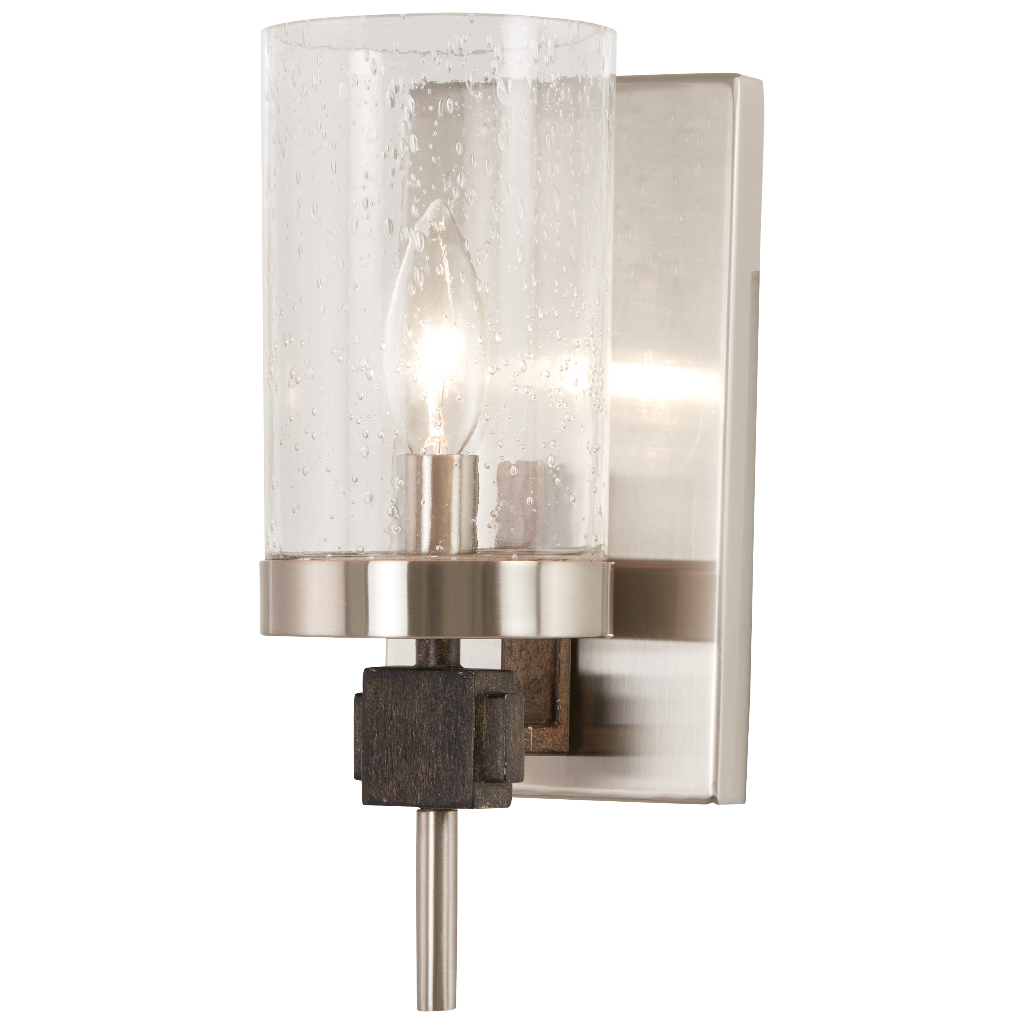 The Bridlewood bath light combines brushed nickel and stone grey finishes with clear seeded glass for a warm, transitional aesthetic. Compact at 11.25" tall, it's ideal for smaller bathrooms and powder rooms seeking character.