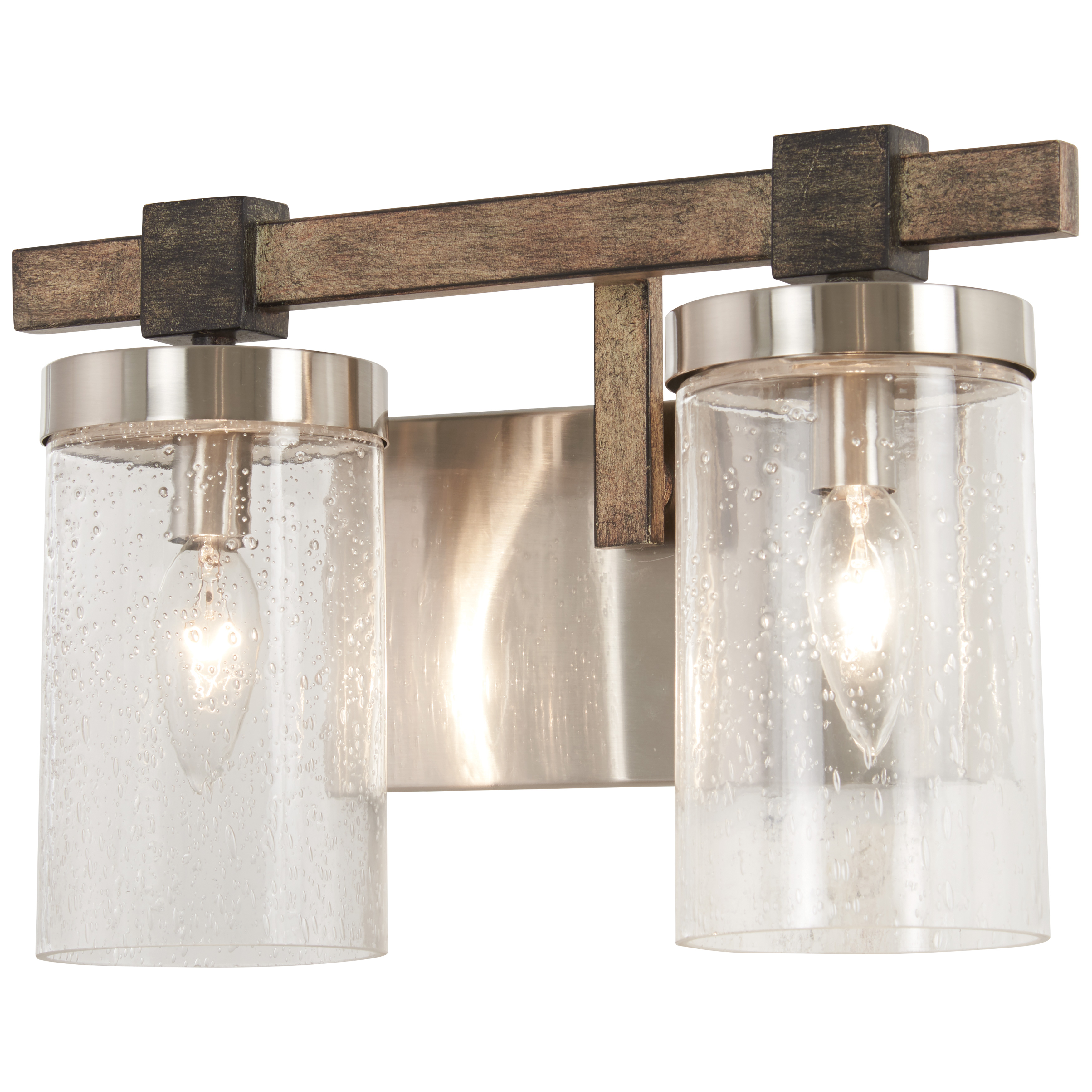 The Bridlewood 2-Light Bath fixture combines rustic charm with transitional elegance. Its stone grey and brushed nickel finish paired with clear seeded glass creates visual interest while providing ample illumination for vanity areas.