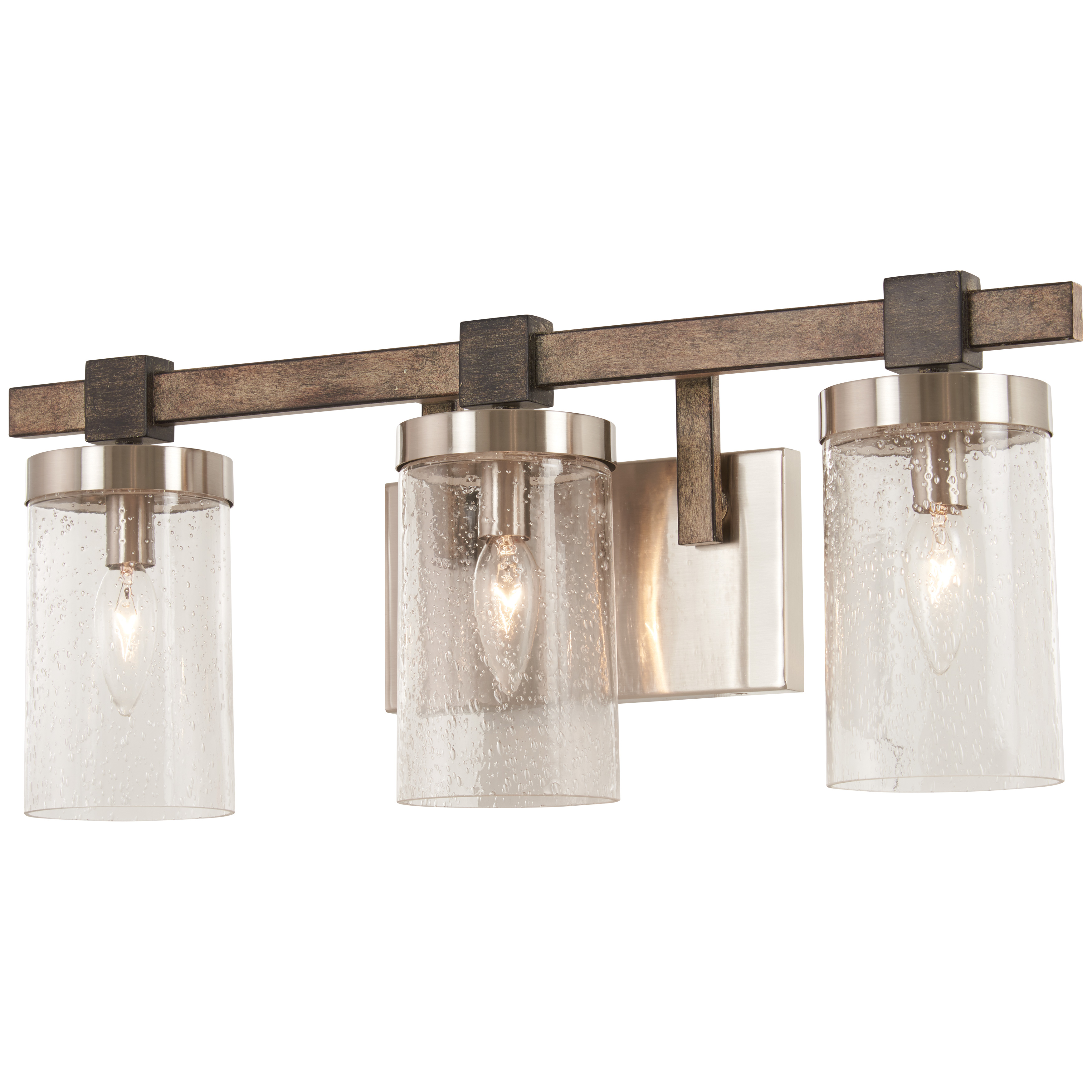 The Bridlewood 3-Light Bath combines transitional styling with practical illumination. Its stone grey and brushed nickel finish paired with clear seeded glass creates a sophisticated yet approachable look perfect for various bathroom styles.
