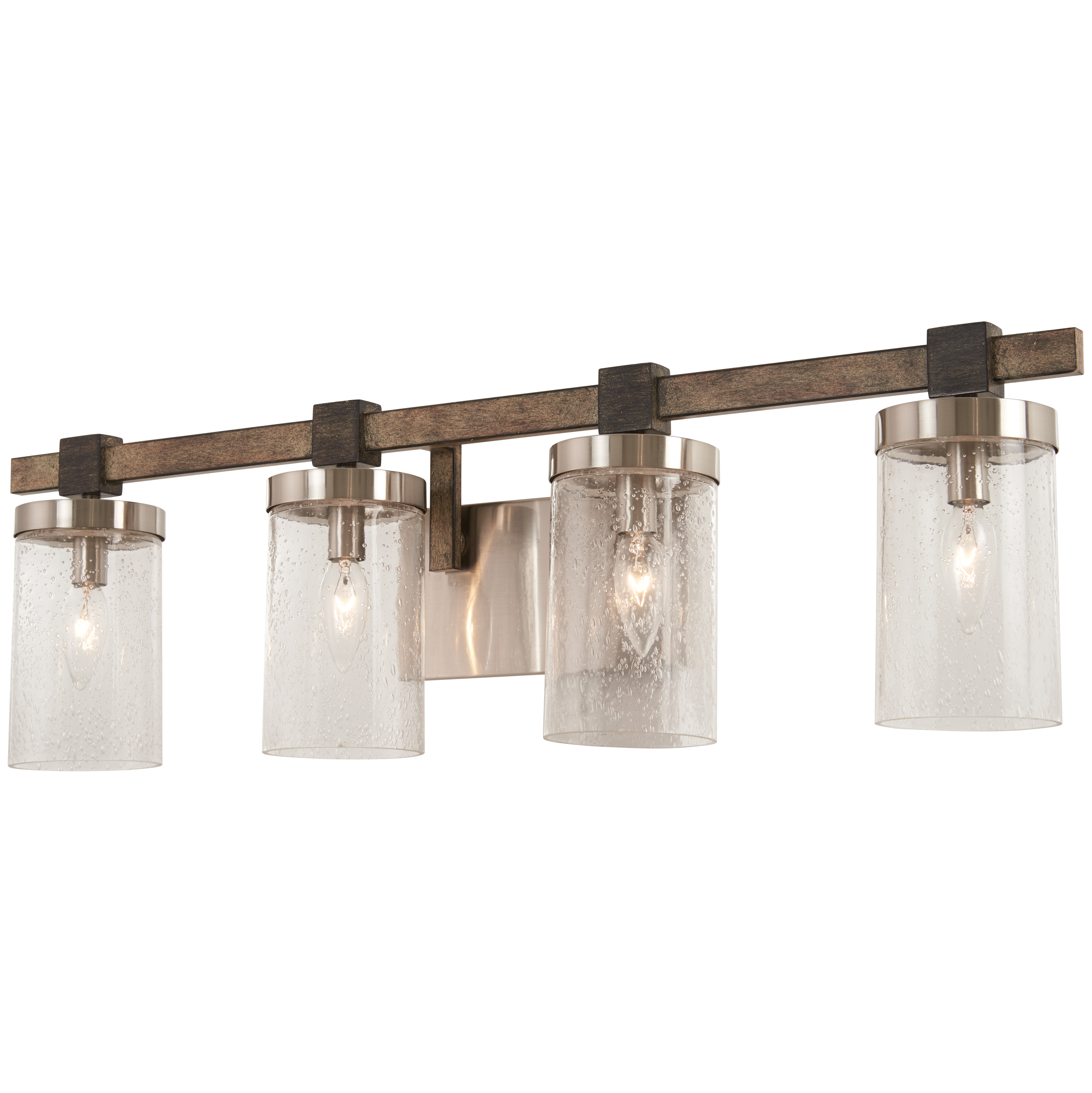 The Bridlewood vanity light combines transitional styling with practical illumination. Its 31-inch span and seeded glass shades provide ample light for medium to large bathrooms while the two-tone finish adds visual interest.