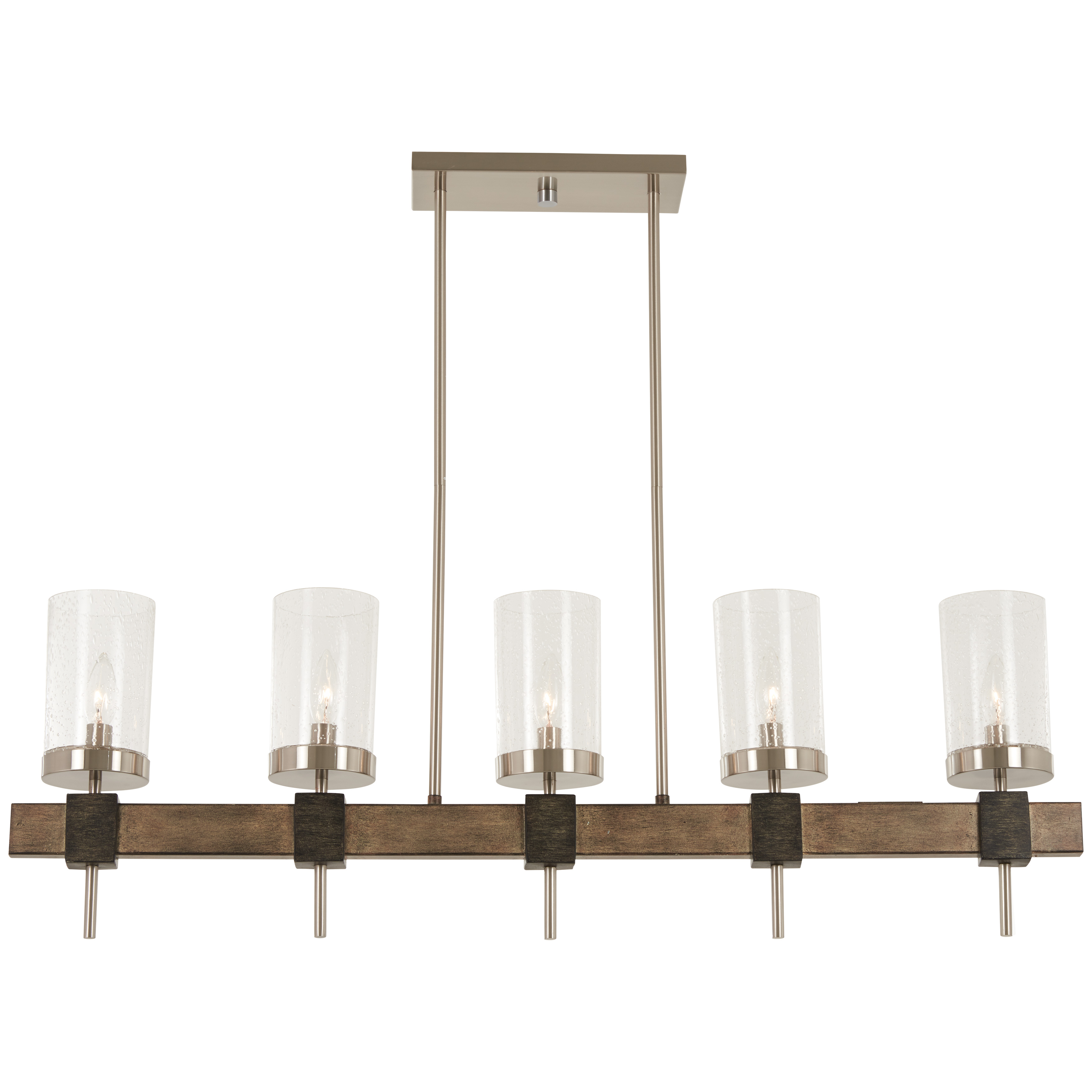 The Bridlewood 5-Light Island Chandelier combines stone grey and brushed nickel finishes with clear seeded glass for a sophisticated transitional look. Its 40-inch linear design provides excellent task lighting over kitchen islands.