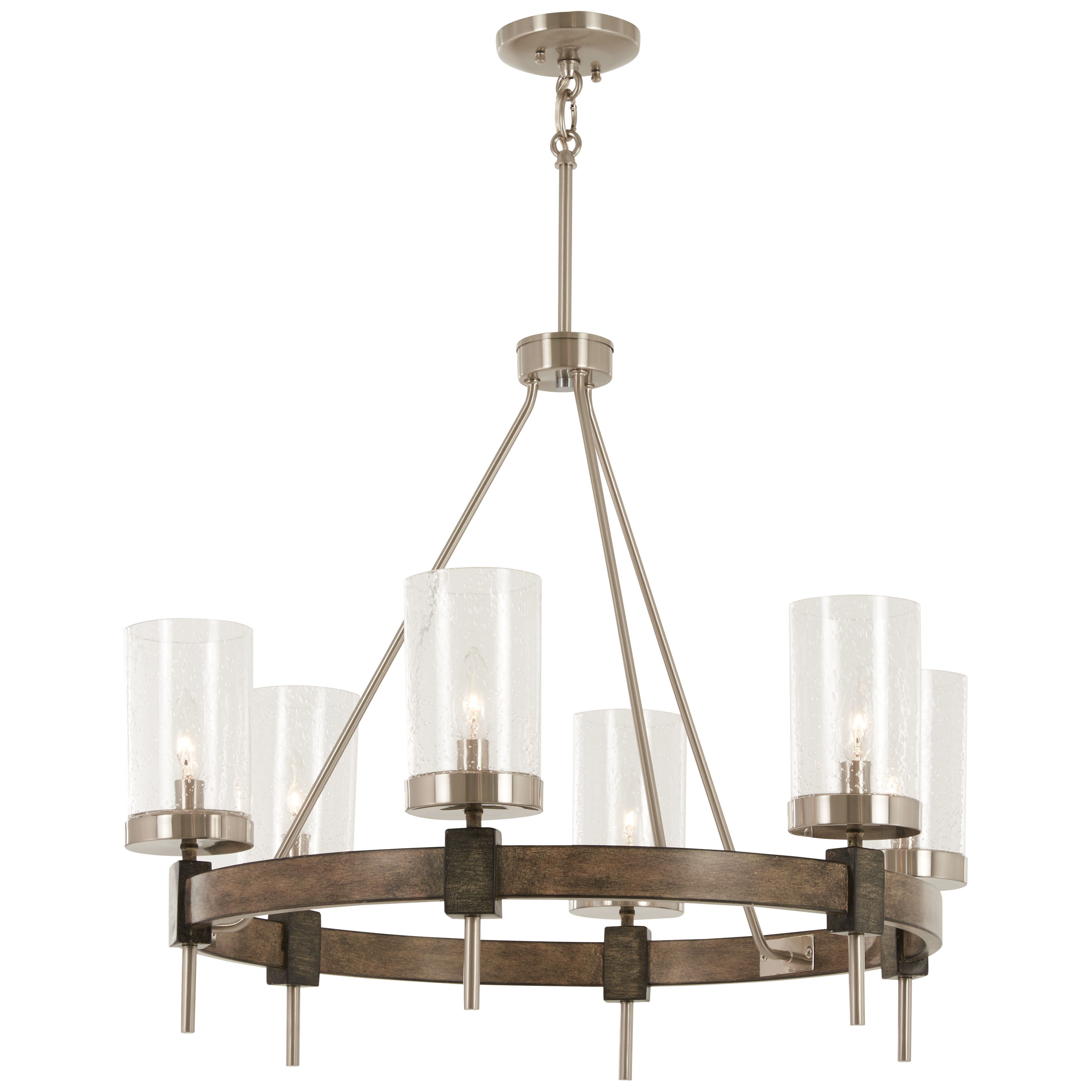 The Bridlewood chandelier combines stone grey and brushed nickel finishes with clear seeded glass for a sophisticated transitional look. Six candelabra lights provide ample illumination while the 28-inch width suits medium-sized spaces perfectly.