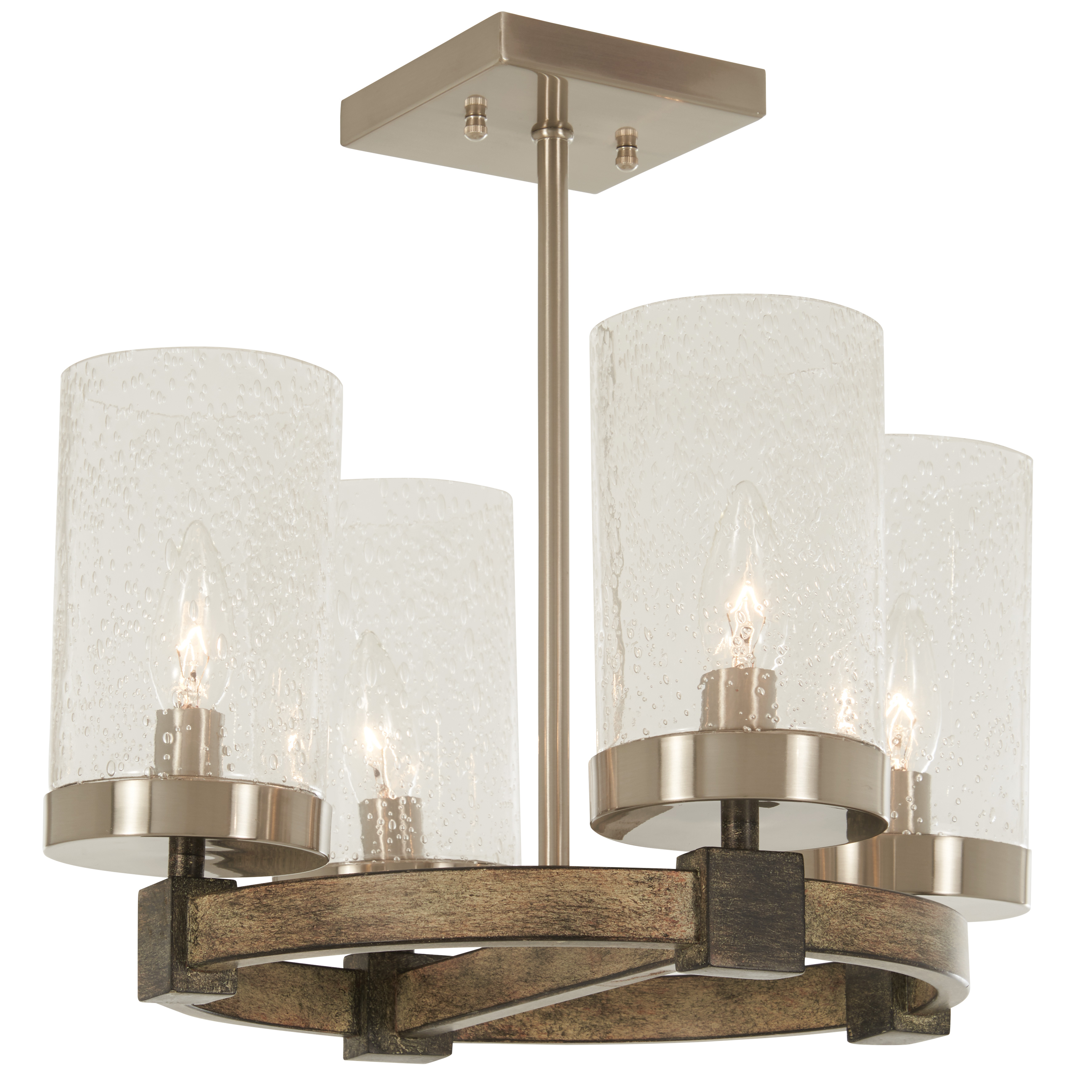 The Bridlewood combines rustic stone grey tones with brushed nickel accents and clear seeded glass for a versatile transitional look. Its compact 15.75" width makes it ideal for smaller spaces needing character and warmth.