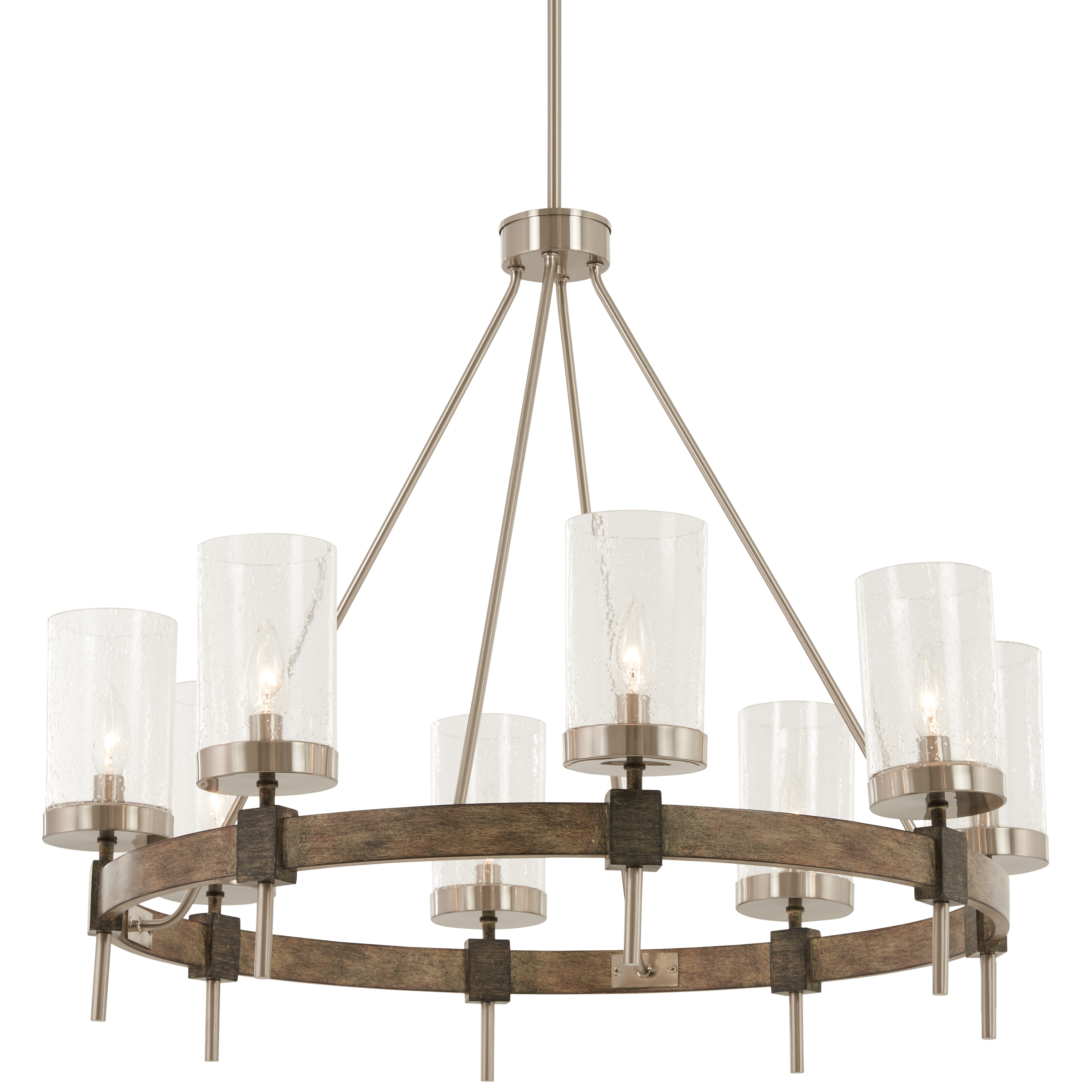 The Bridlewood 8-Light Chandelier combines transitional sophistication with farmhouse warmth. Its two-tone Stone Grey and Brushed Nickel finish paired with clear seeded glass creates visual interest while maintaining versatility across design styles.