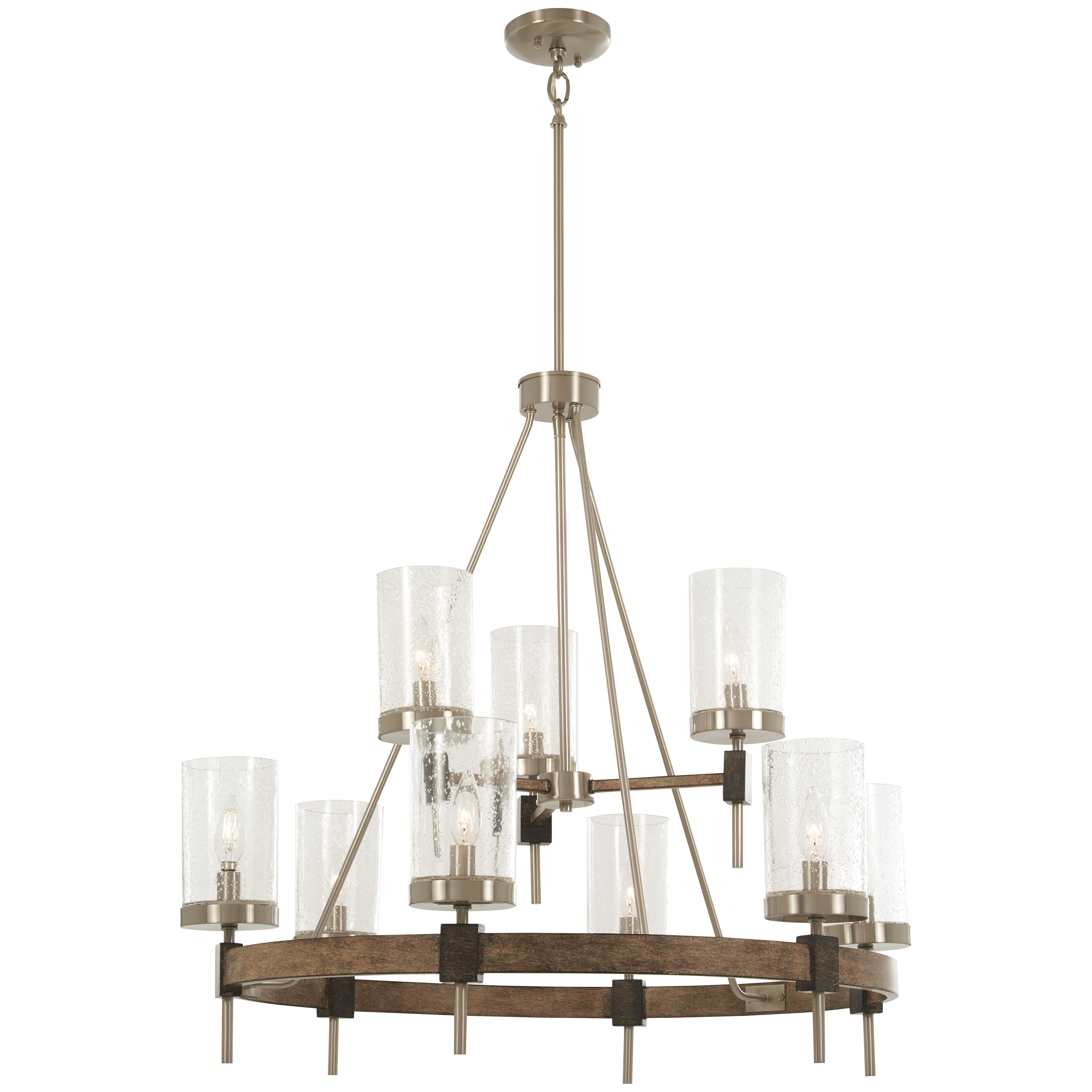 The Bridlewood chandelier combines rustic stone grey tones with polished brushed nickel accents, creating a sophisticated transitional piece. Nine candelabra lights with seeded glass shades provide warm, ambient illumination perfect for dining and entertaining spaces.