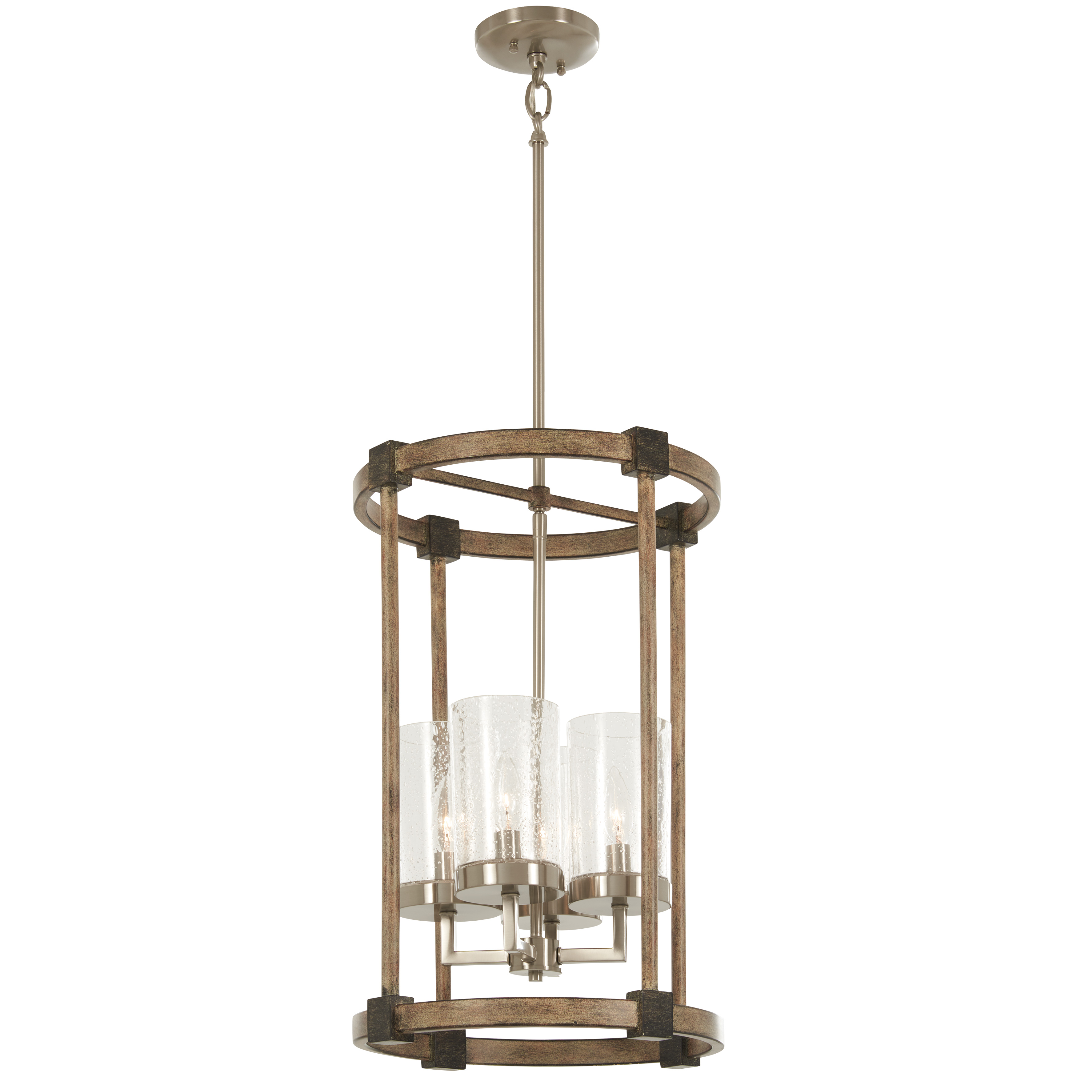 The Bridlewood 4-Light Pendant combines transitional elegance with farmhouse charm. Its stone grey and brushed nickel finish paired with clear seeded glass creates visual interest while providing ample illumination for intimate spaces.