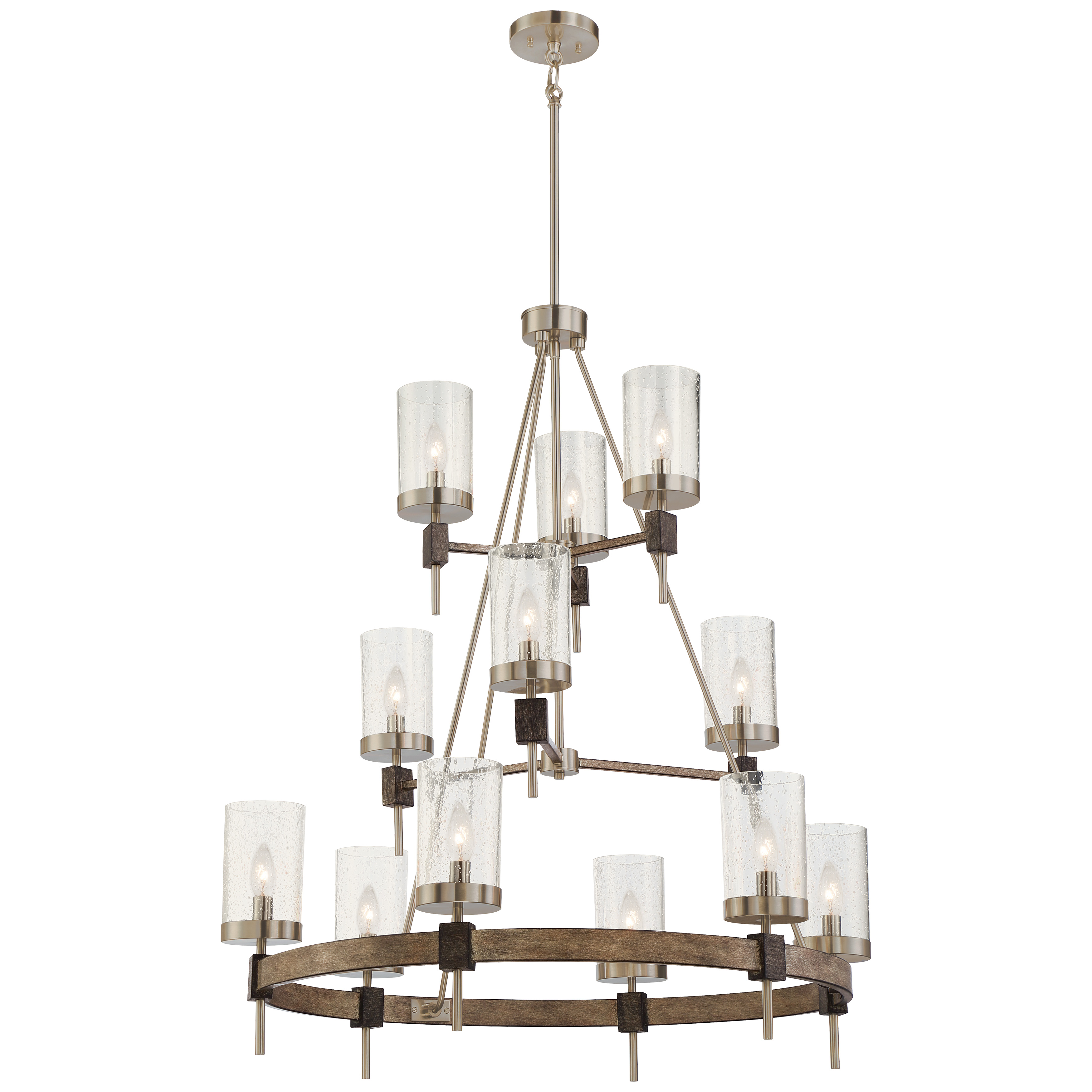 The Bridlewood chandelier combines rustic elegance with transitional styling through its stone grey and brushed nickel finish. With 12 candelabra lights and clear seeded glass, it delivers substantial illumination and visual impact for large spaces.