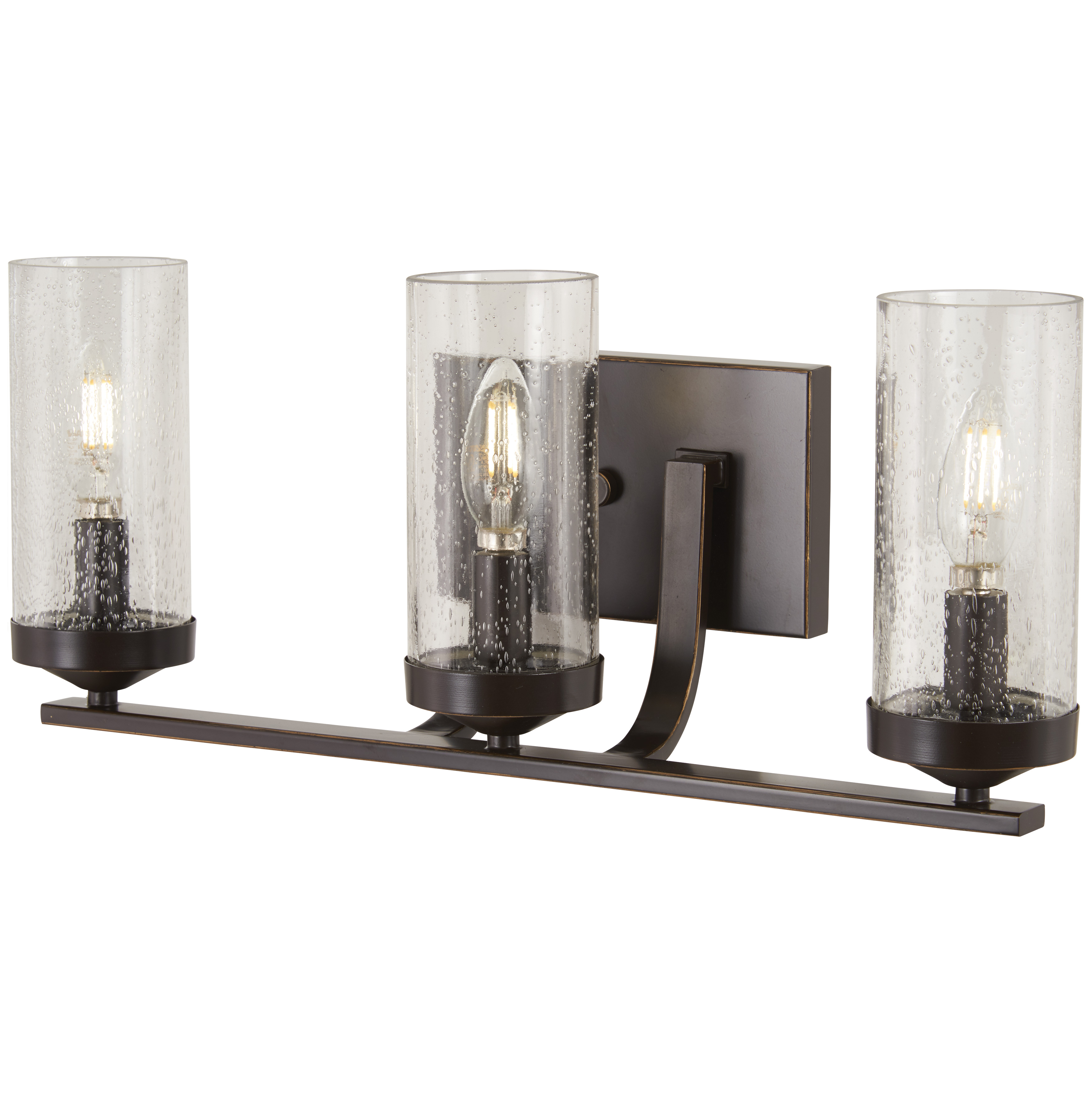 The Elyton 3-Light Bath fixture combines downtown bronze with gold highlights and clear seeded glass for a sophisticated transitional look. Perfect for medium-sized bathrooms, this dimmable vanity light adds warmth and character.